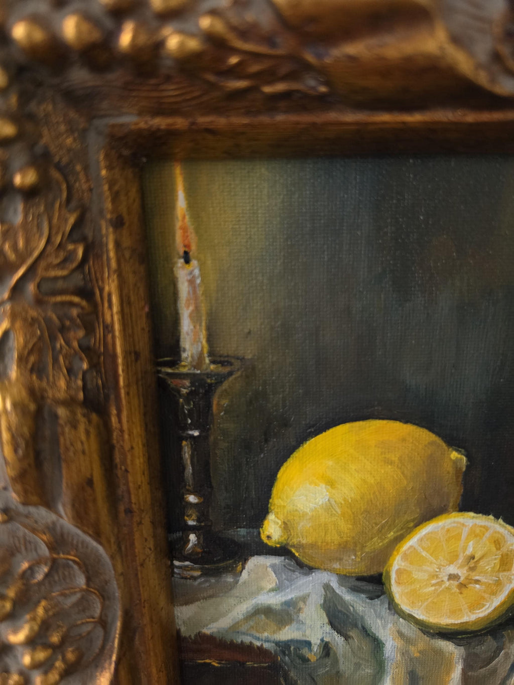 Antique Gilt Grape Motif Frame with Original Oil Painting, Lemon Still Life Art, Ornate Gold Frame, Cottage Decor
