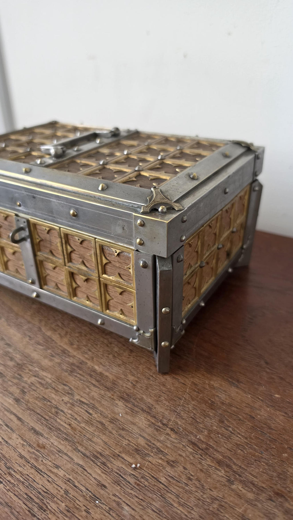 Vintage Gothic Revival Trinket Box, Medieval Style Wooden Casket, Brass and Pewter Storage Chest, Jewelry Box Decor