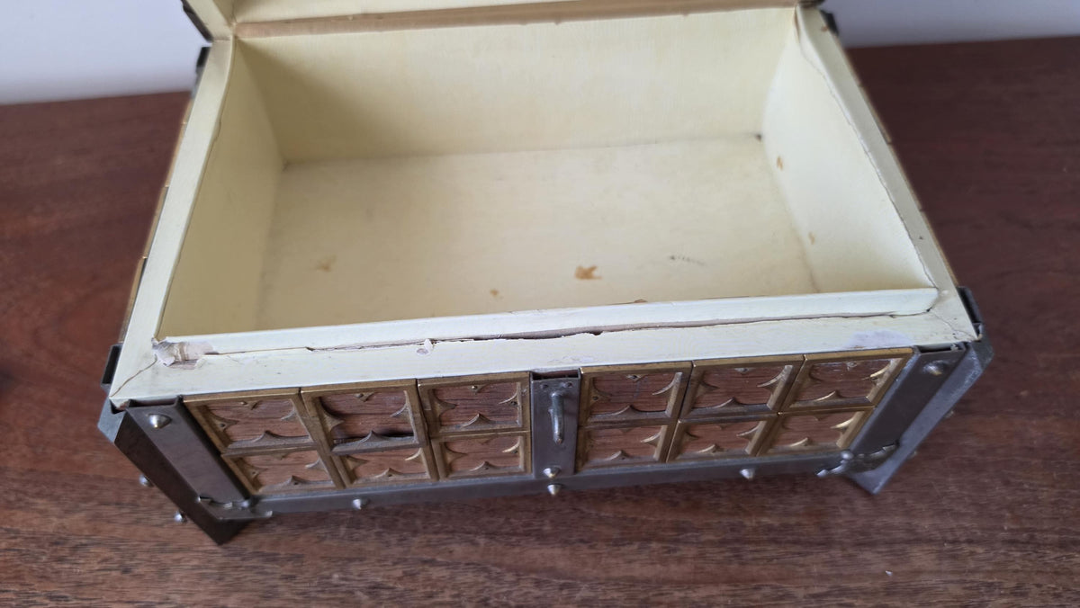 Vintage Gothic Revival Trinket Box, Medieval Style Wooden Casket, Brass and Pewter Storage Chest, Jewelry Box Decor