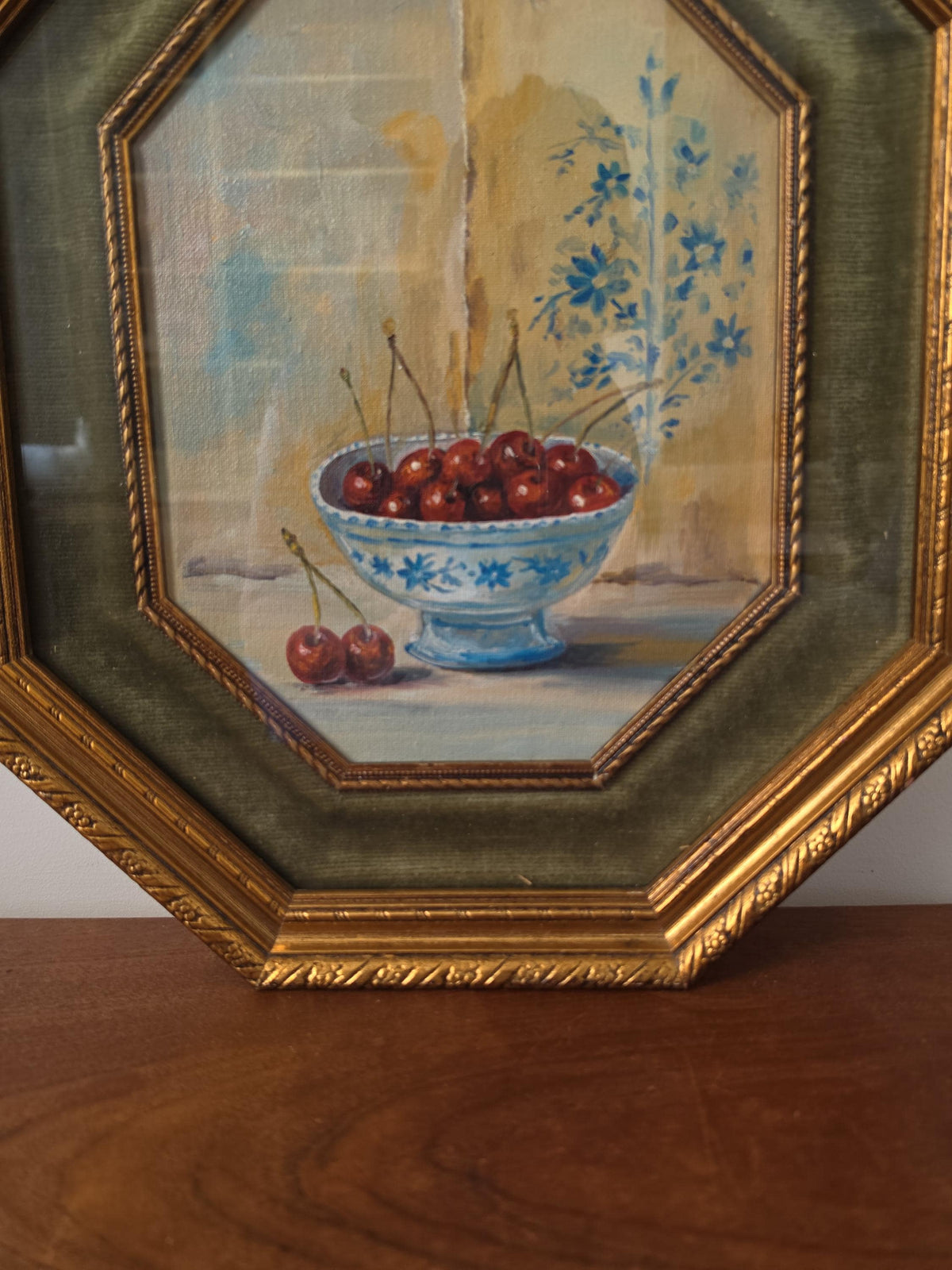 Vintage Octagonal Gold Frame with Original Cherry Oil Painting, Velvet Liner & Glass, Hand Painted Still Life Wall Art, Cottagecore Decor