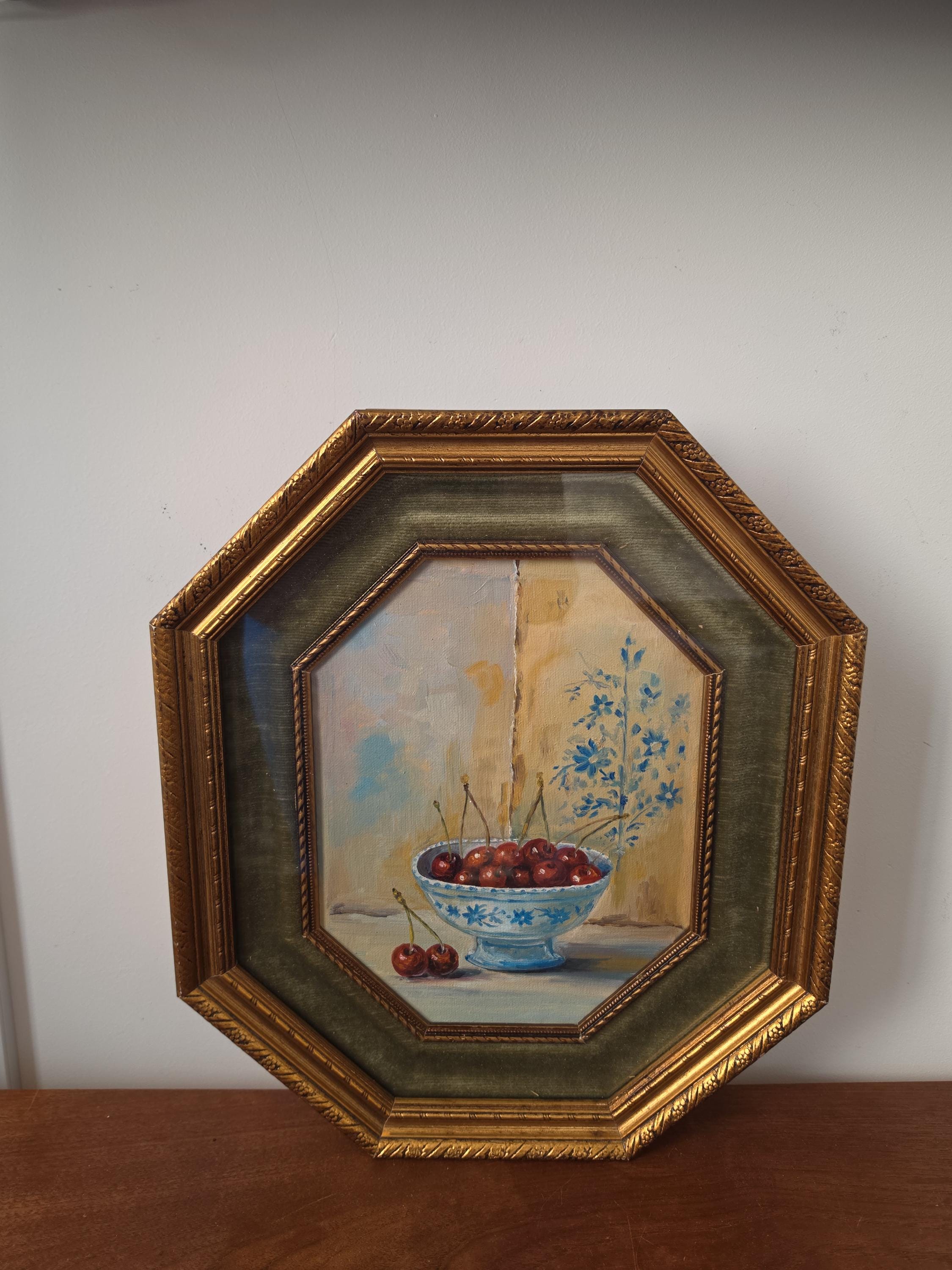 Vintage Octagonal Gold Frame with Original Cherry Oil Painting, Velvet Liner & Glass, Hand Painted Still Life Wall Art, Cottagecore Decor