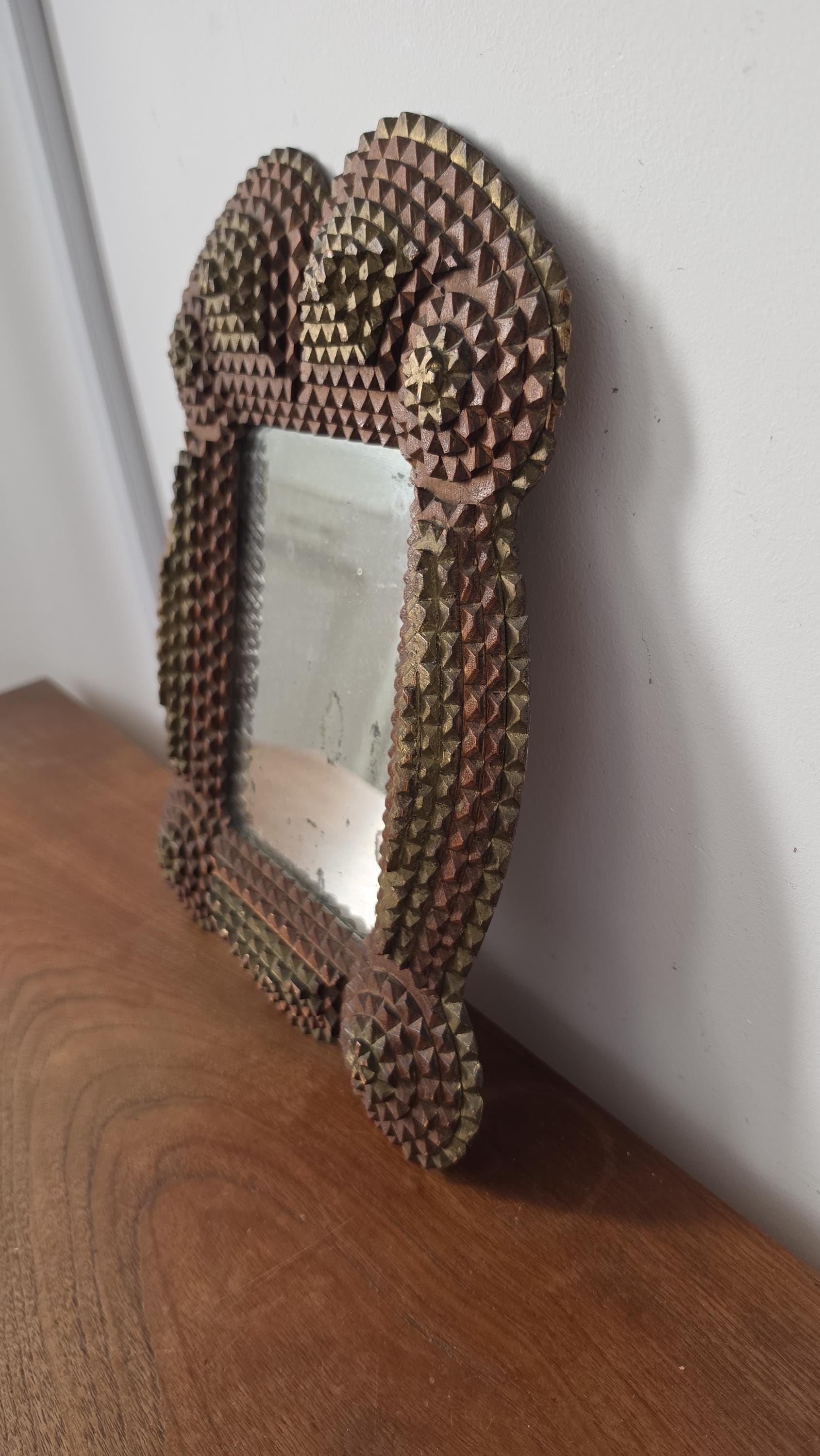 Antique Tramp Art Mirror, Folk Art Carved Wood Mirror, Rustic Americana Wall Decor, Hand Carved Wooden Frame