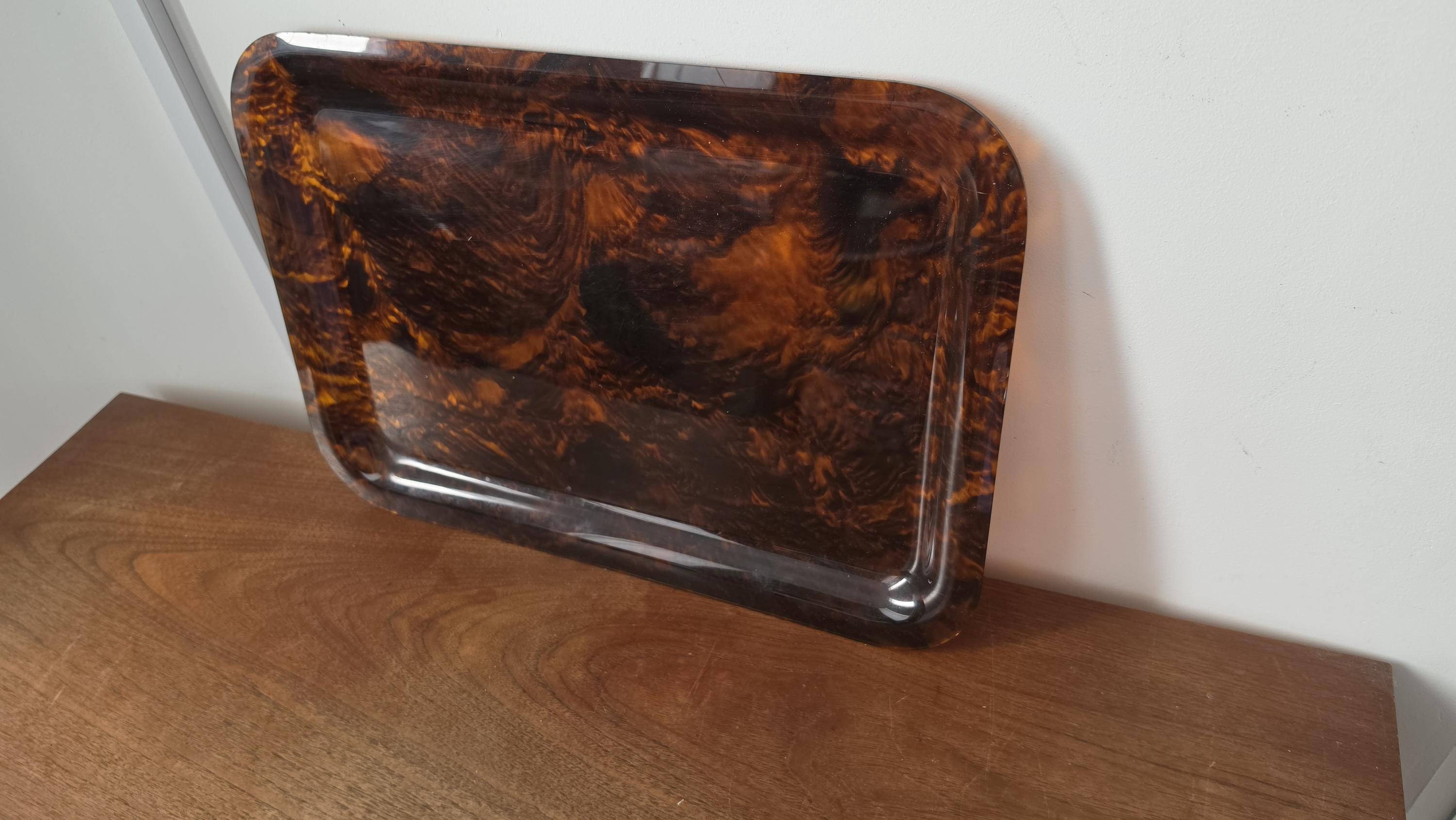 Vintage Faux Tortoiseshell Tray, Large Marbled Lucite Serving Tray, Hollywood Regency Decor, Mid Century Barware
