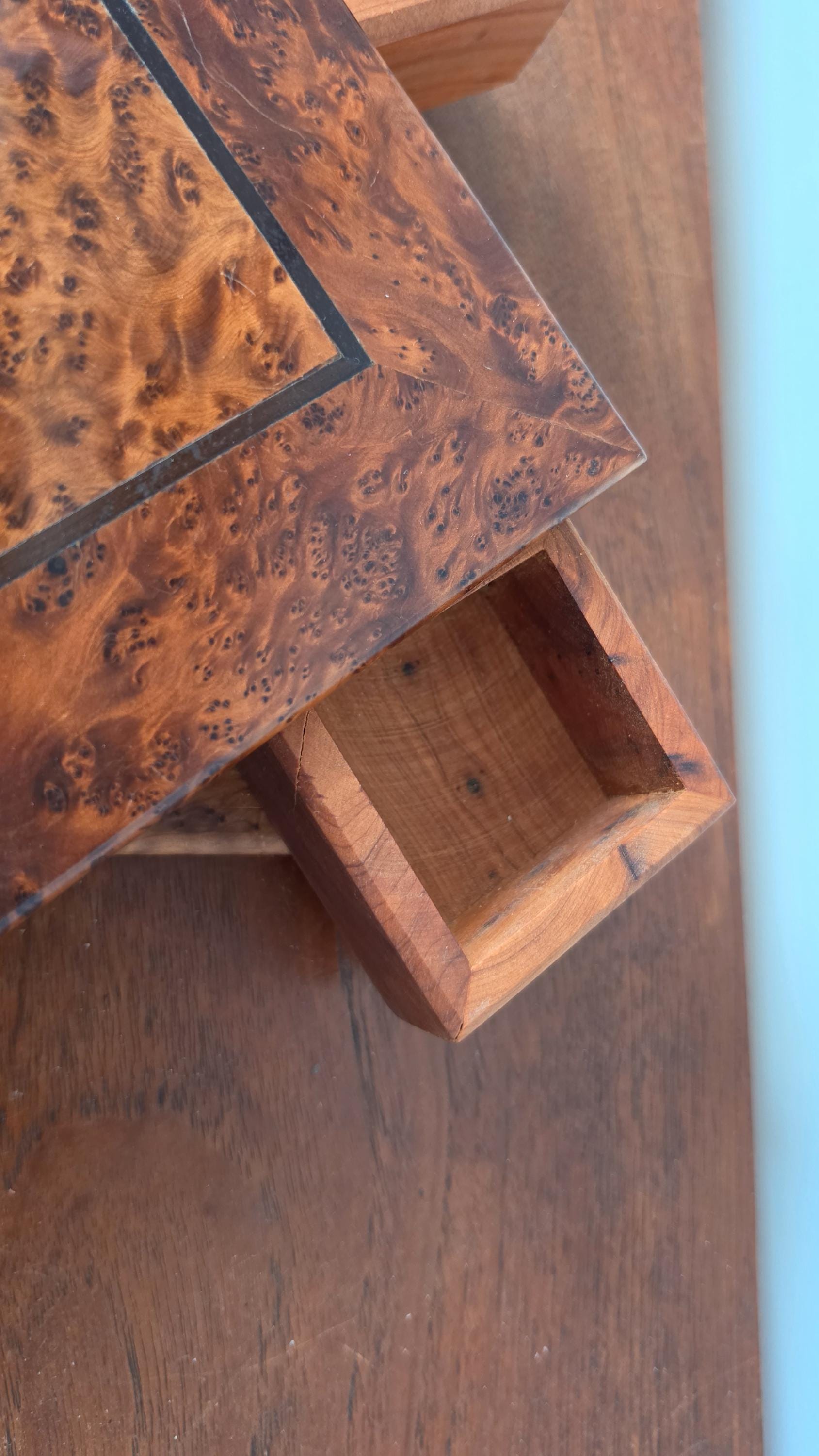 Burl Wood Jewelry Box with Secret Drawers, Vintage Wooden Puzzle Box, Hidden Compartment Box, Inlaid Wood Trinket Box, Desk Storage Box