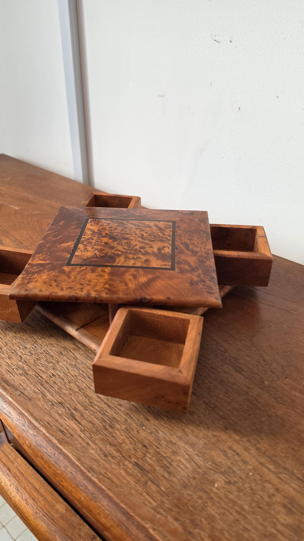Burl Wood Jewelry Box with Secret Drawers, Vintage Wooden Puzzle Box, Hidden Compartment Box, Inlaid Wood Trinket Box, Desk Storage Box
