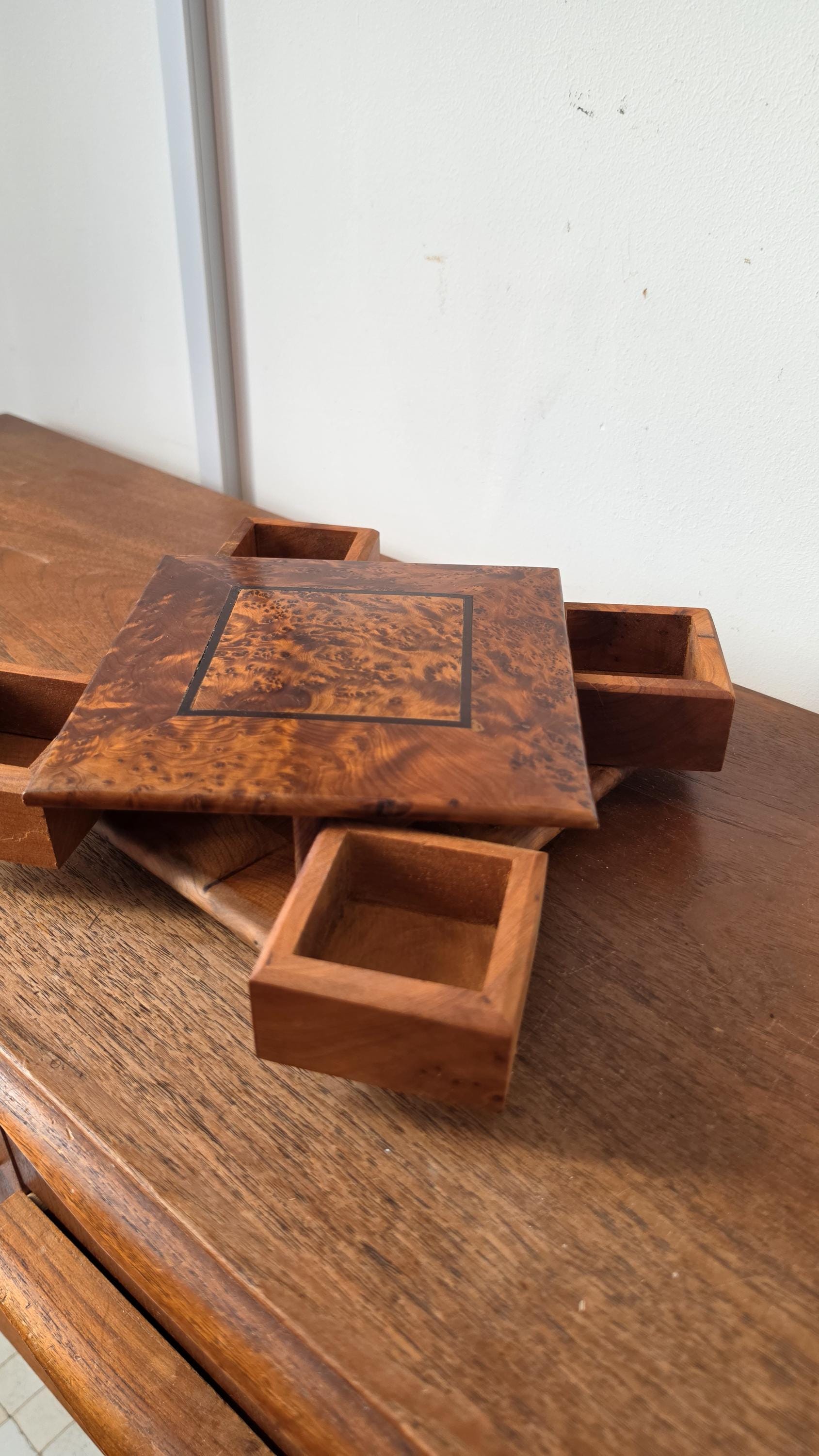 Burl Wood Jewelry Box with Secret Drawers, Vintage Wooden Puzzle Box, Hidden Compartment Box, Inlaid Wood Trinket Box, Desk Storage Box