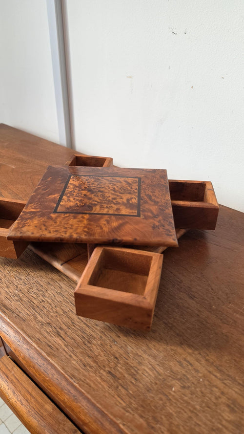 Burl Wood Jewelry Box with Secret Drawers, Vintage Wooden Puzzle Box, Hidden Compartment Box, Inlaid Wood Trinket Box, Desk Storage Box