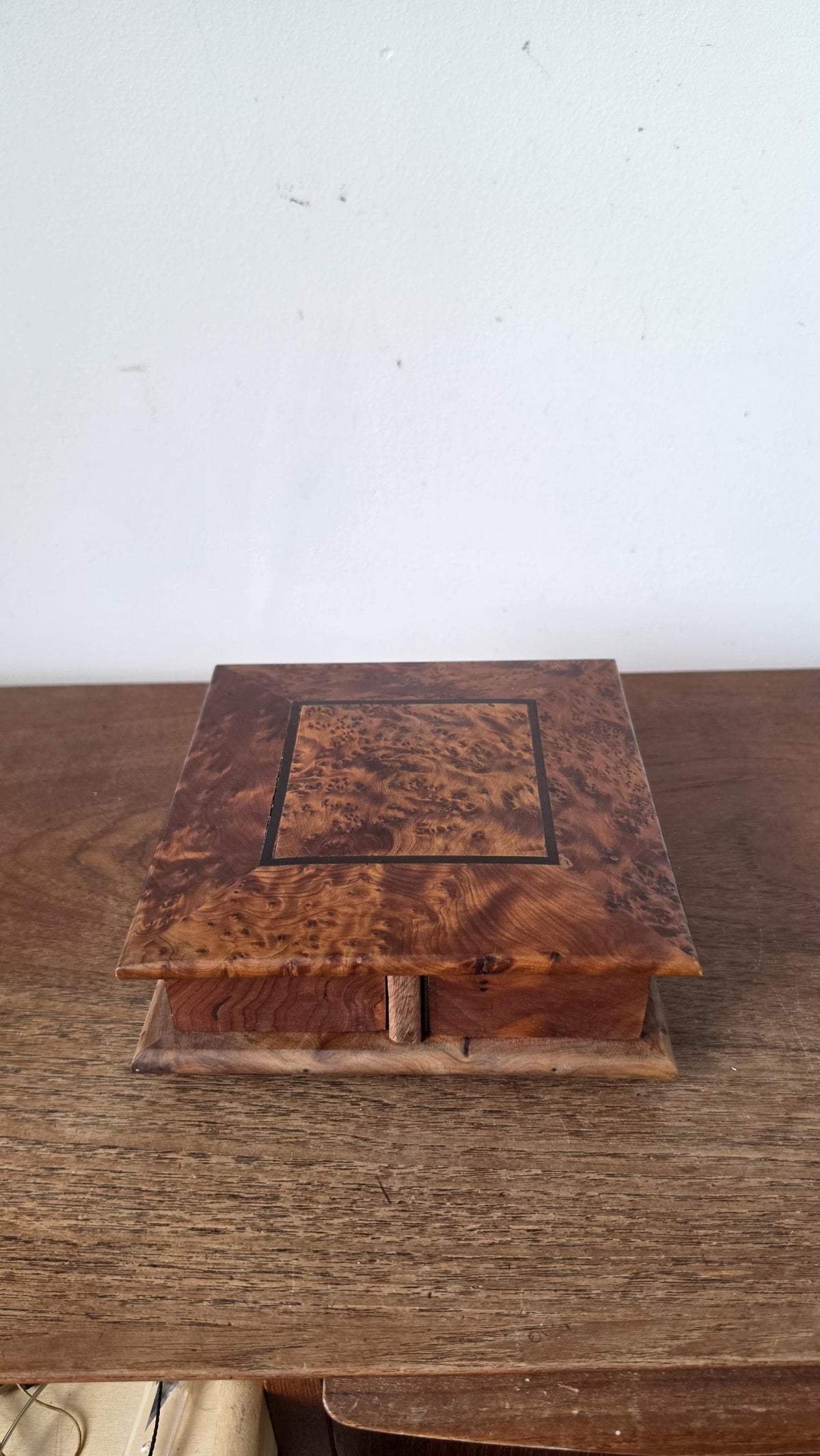 Burl Wood Jewelry Box with Secret Drawers, Vintage Wooden Puzzle Box, Hidden Compartment Box, Inlaid Wood Trinket Box, Desk Storage Box