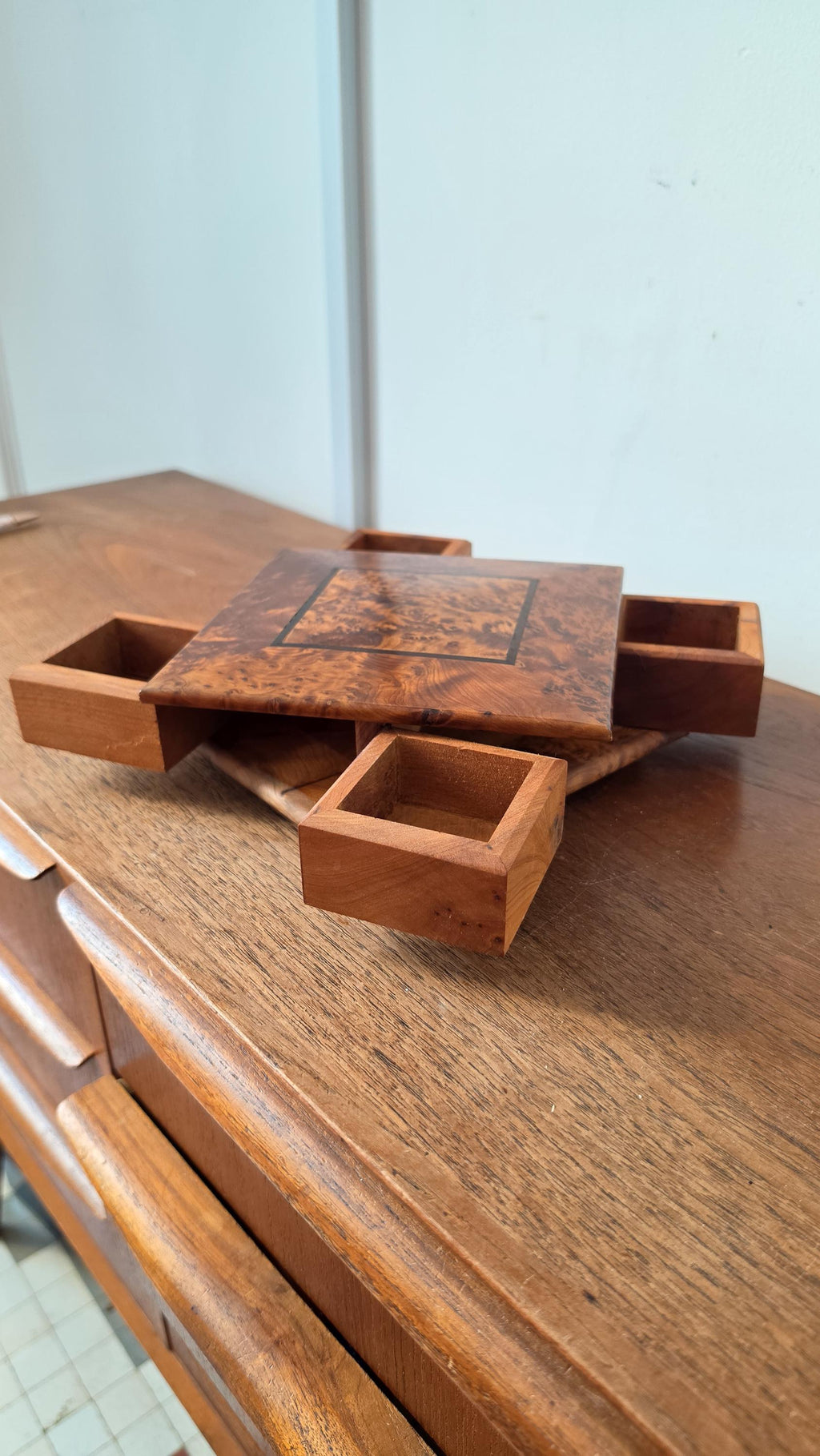 Burl Wood Jewelry Box with Secret Drawers, Vintage Wooden Puzzle Box, Hidden Compartment Box, Inlaid Wood Trinket Box, Desk Storage Box