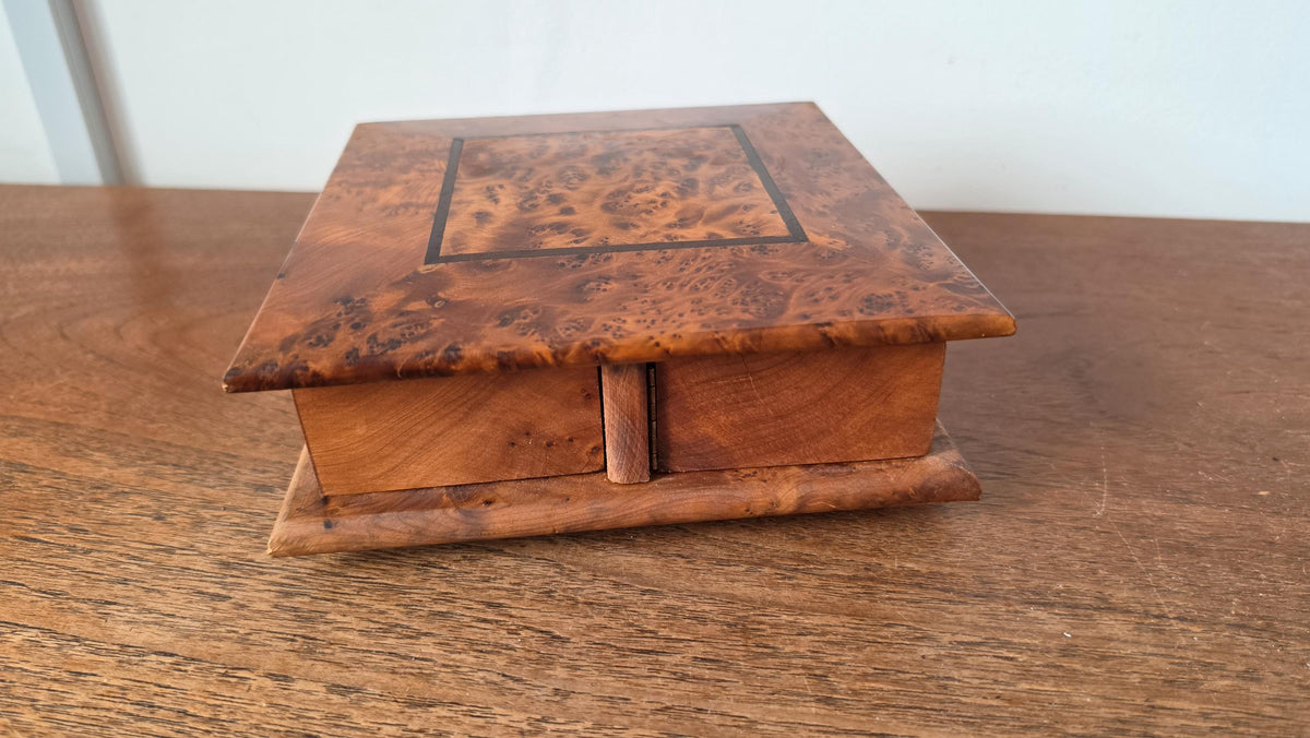 Burl Wood Jewelry Box with Secret Drawers, Vintage Wooden Puzzle Box, Hidden Compartment Box, Inlaid Wood Trinket Box, Desk Storage Box