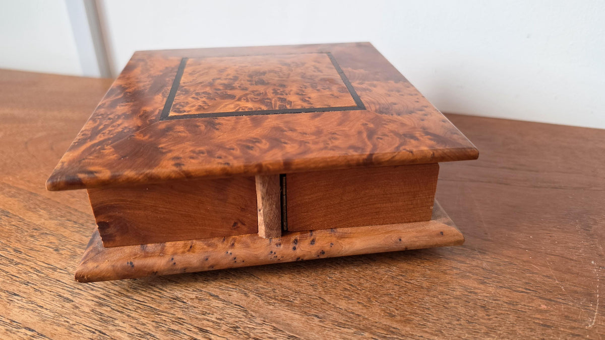 Burl Wood Jewelry Box with Secret Drawers, Vintage Wooden Puzzle Box, Hidden Compartment Box, Inlaid Wood Trinket Box, Desk Storage Box