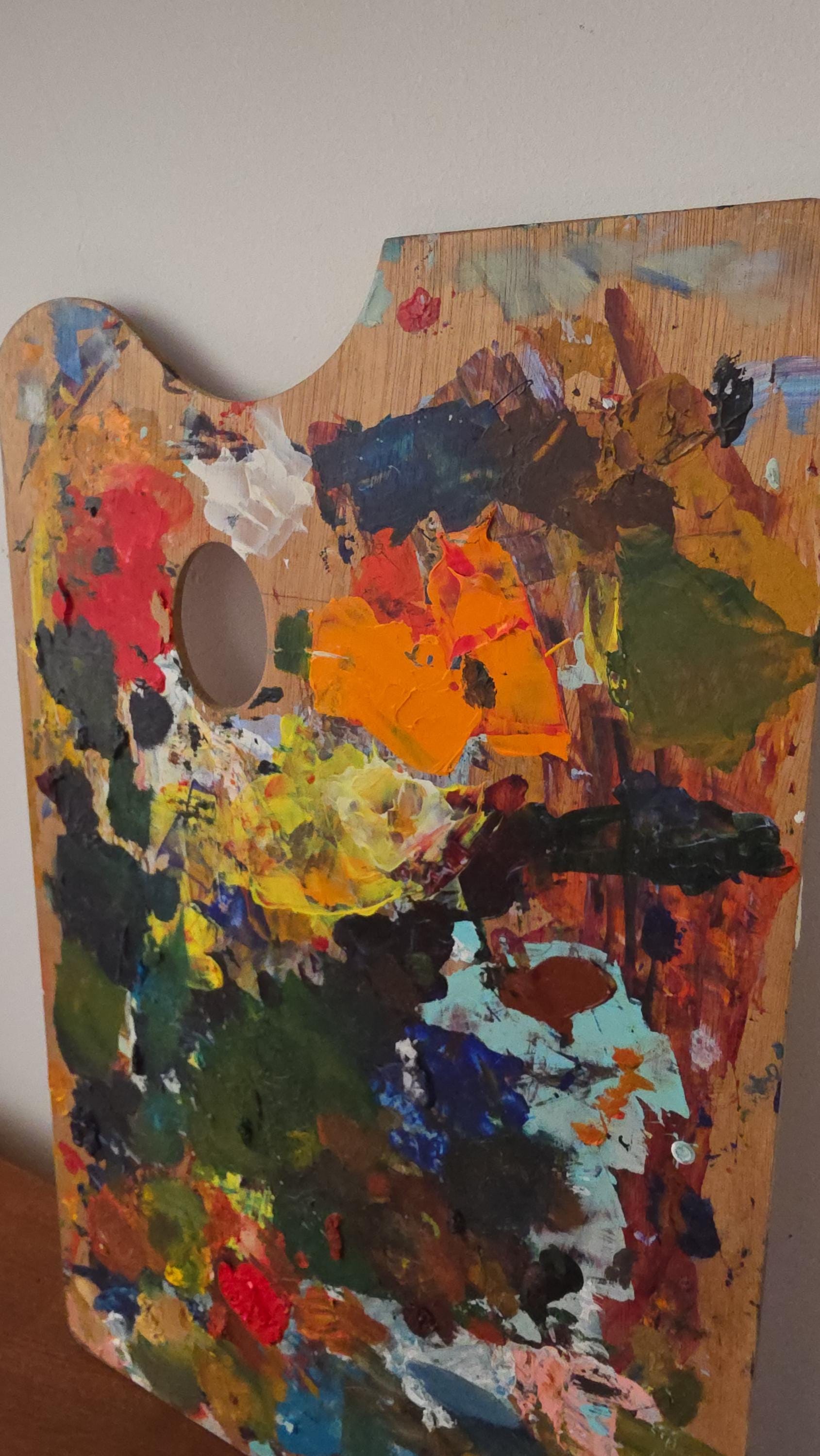 Vintage Artist Paint Palette, Wooden Painter Mixing Board, Original Studio Art Tool, Boho Creative Decor, Colorful Paint Covered Palette