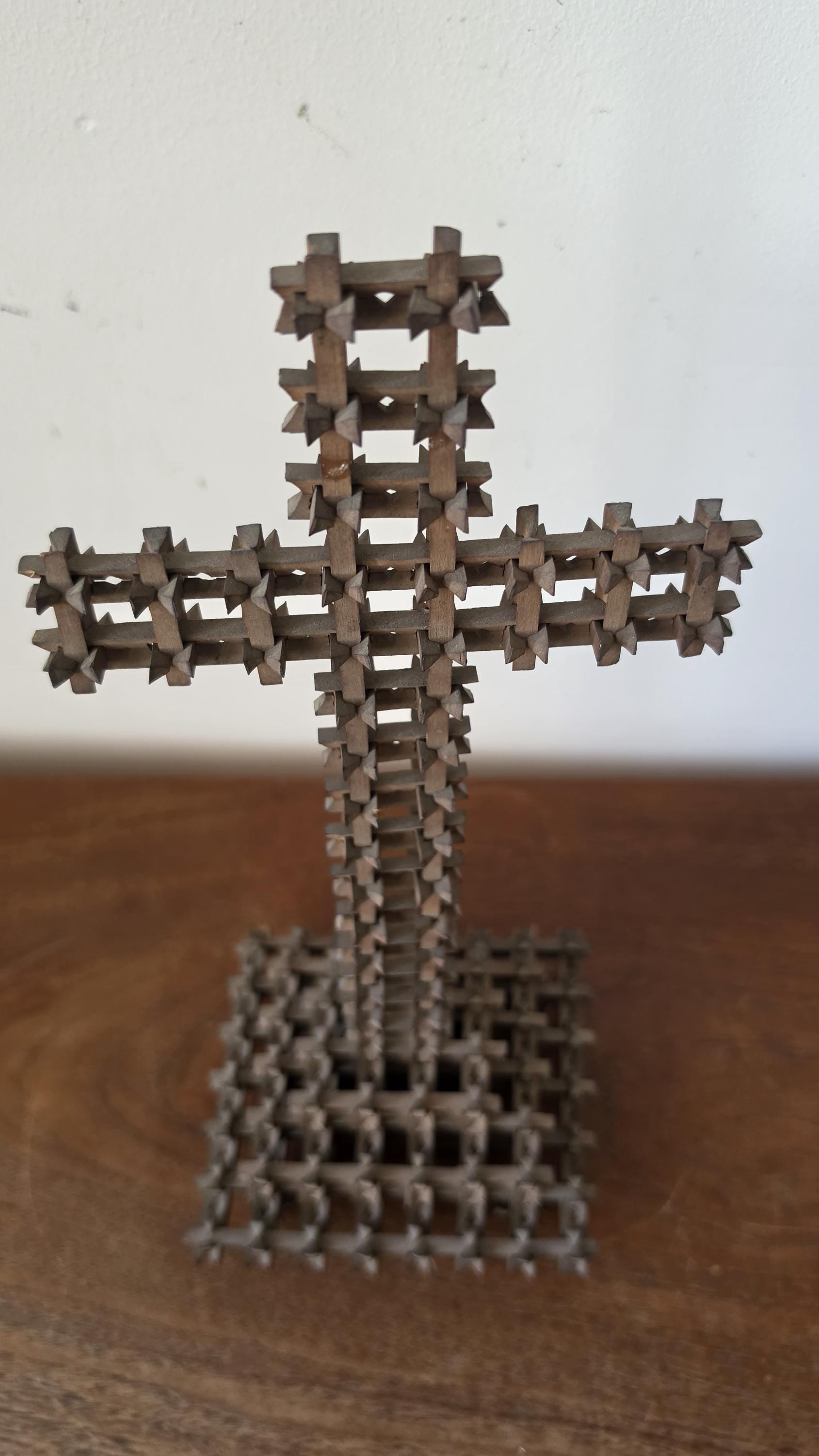 Antique Tramp Art Cross, Hand Carved Folk Art Crucifix, Rustic Wooden Religious Sculpture, Primitive Americana Decor