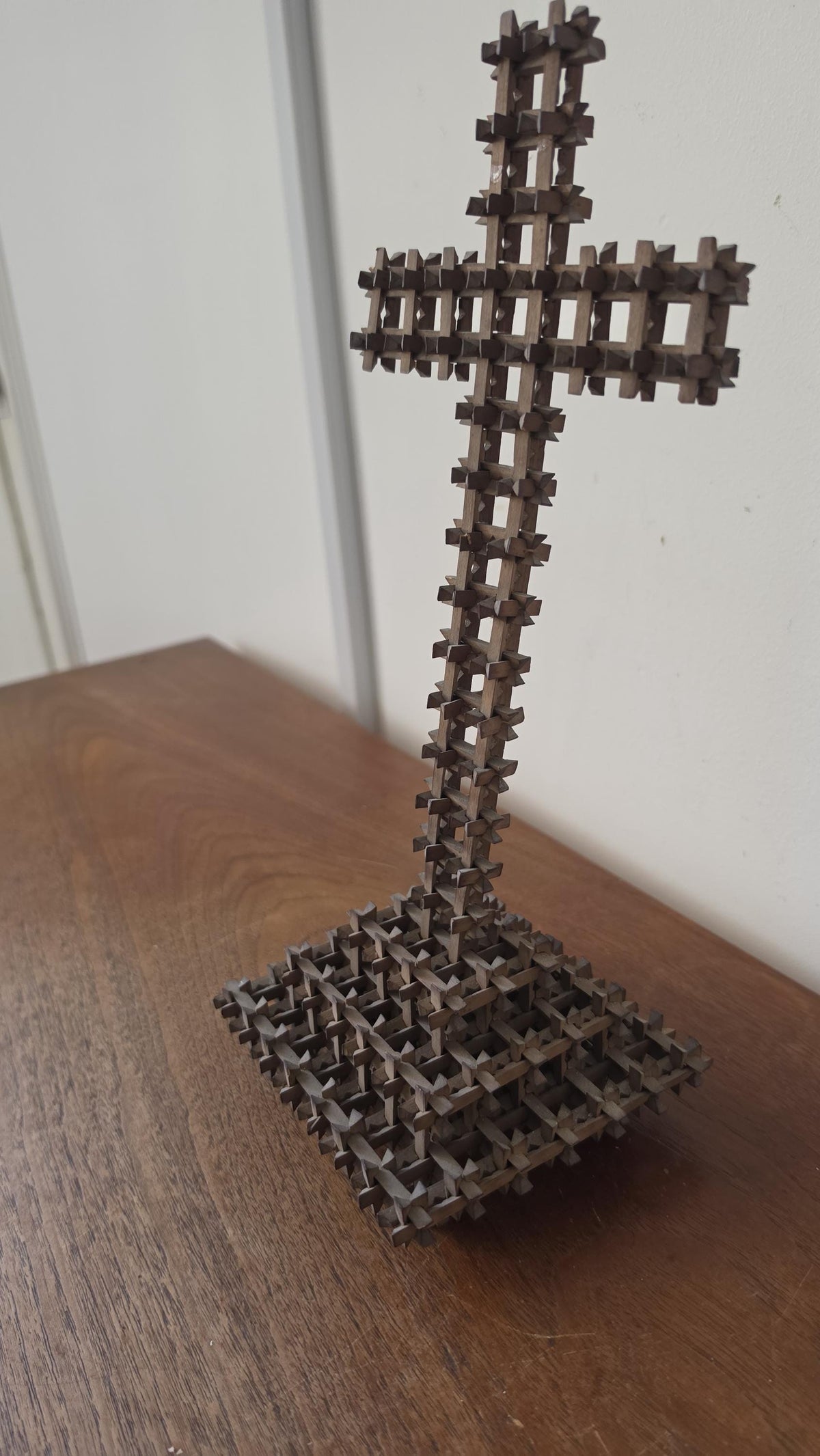 Antique Tramp Art Cross, Hand Carved Folk Art Crucifix, Rustic Wooden Religious Sculpture, Primitive Americana Decor