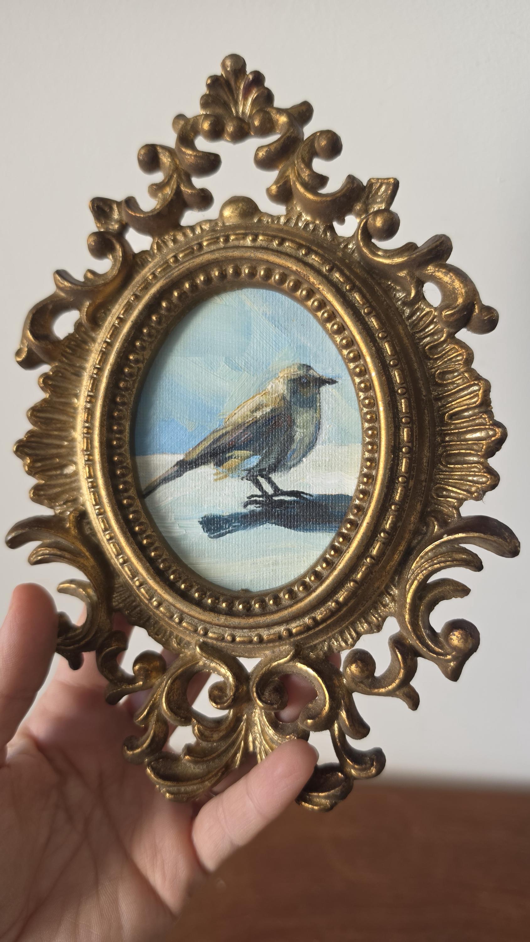 Vintage Ornate Gold Oval Frame with Original Bird Oil Painting, Rococo Wall Art, Hollywood Regency Miniature Artwork
