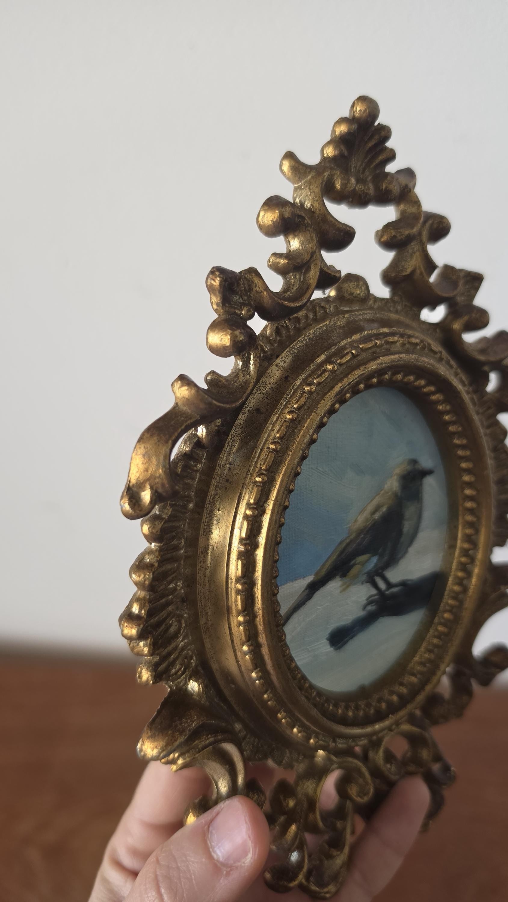 Vintage Ornate Gold Oval Frame with Original Bird Oil Painting, Rococo Wall Art, Hollywood Regency Miniature Artwork