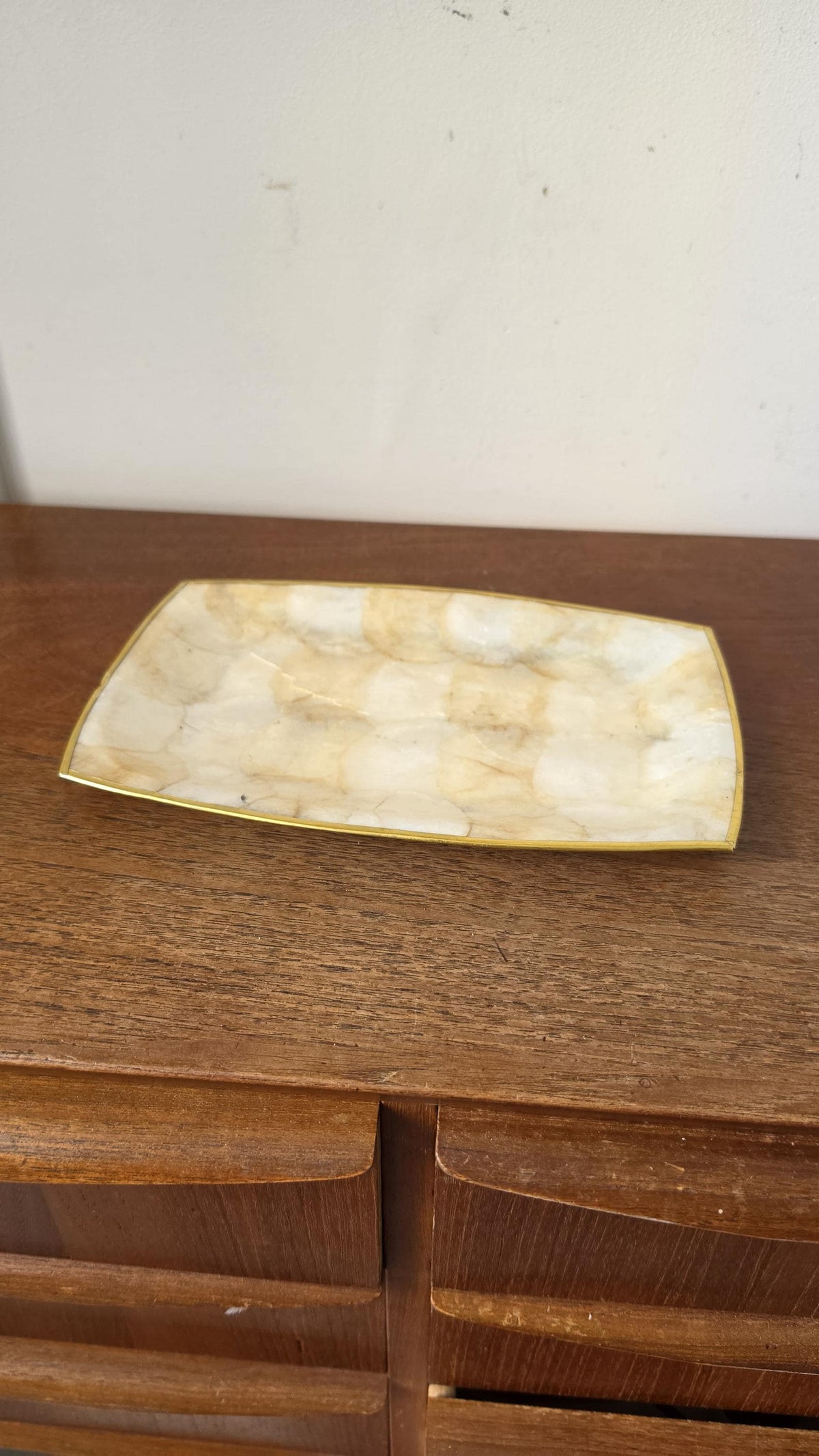 Vintage Capiz Shell Tray, Brass Trim Vanity Dish, Hollywood Regency Decor, Coastal Luxe Catchall, Mid Century Serving Tray