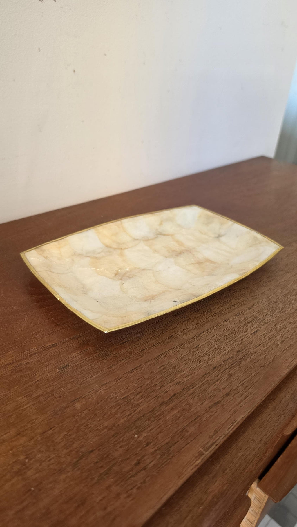Vintage Capiz Shell Tray, Brass Trim Vanity Dish, Hollywood Regency Decor, Coastal Luxe Catchall, Mid Century Serving Tray