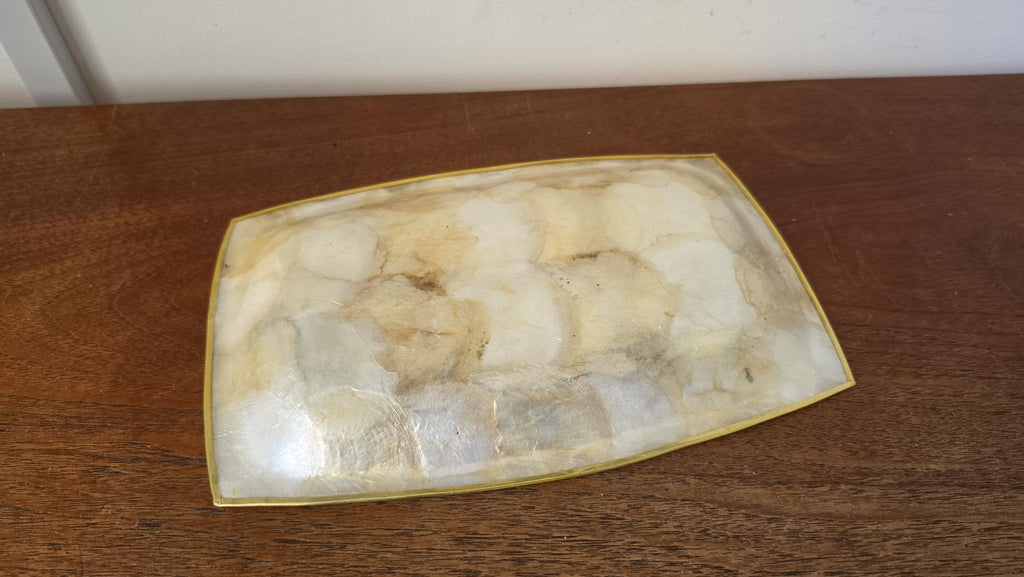 Vintage Capiz Shell Tray, Brass Trim Vanity Dish, Hollywood Regency Decor, Coastal Luxe Catchall, Mid Century Serving Tray