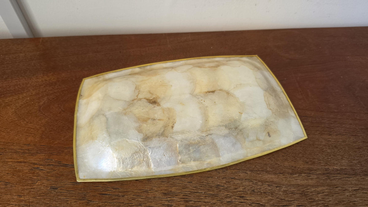 Vintage Capiz Shell Tray, Brass Trim Vanity Dish, Hollywood Regency Decor, Coastal Luxe Catchall, Mid Century Serving Tray