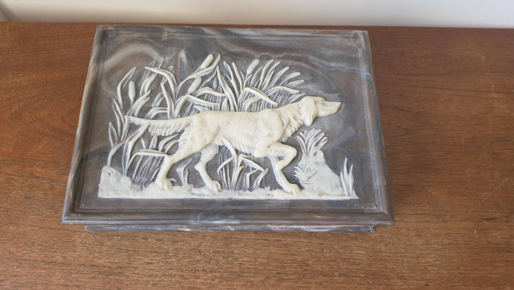 Vintage Incolay Stone Hunting Dog Jewelry Box, Setter Relief Trinket Box, Velvet Lined Keepsake Box, Sporting Dog Decor