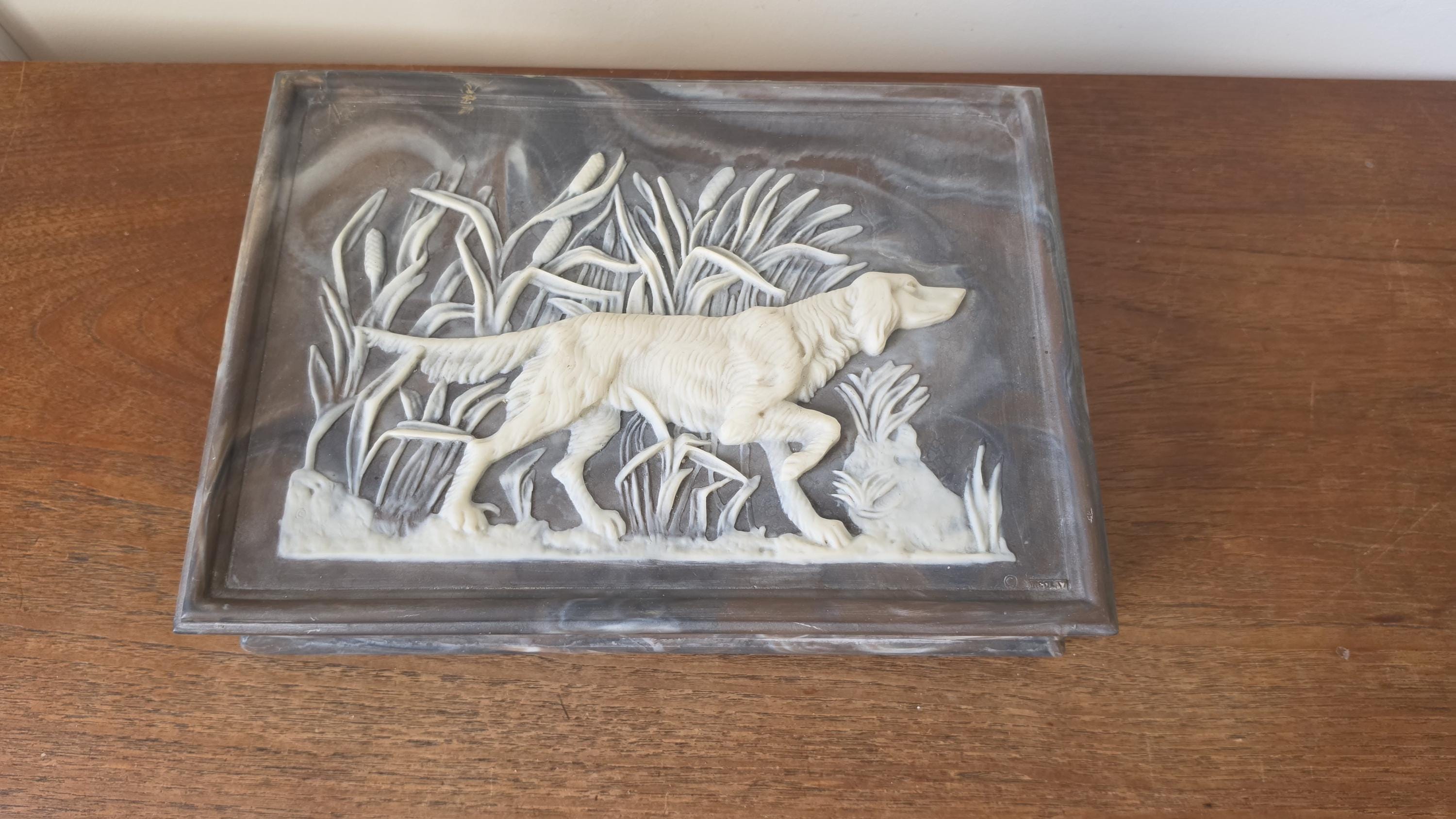 Vintage Incolay Stone Hunting Dog Jewelry Box, Setter Relief Trinket Box, Velvet Lined Keepsake Box, Sporting Dog Decor