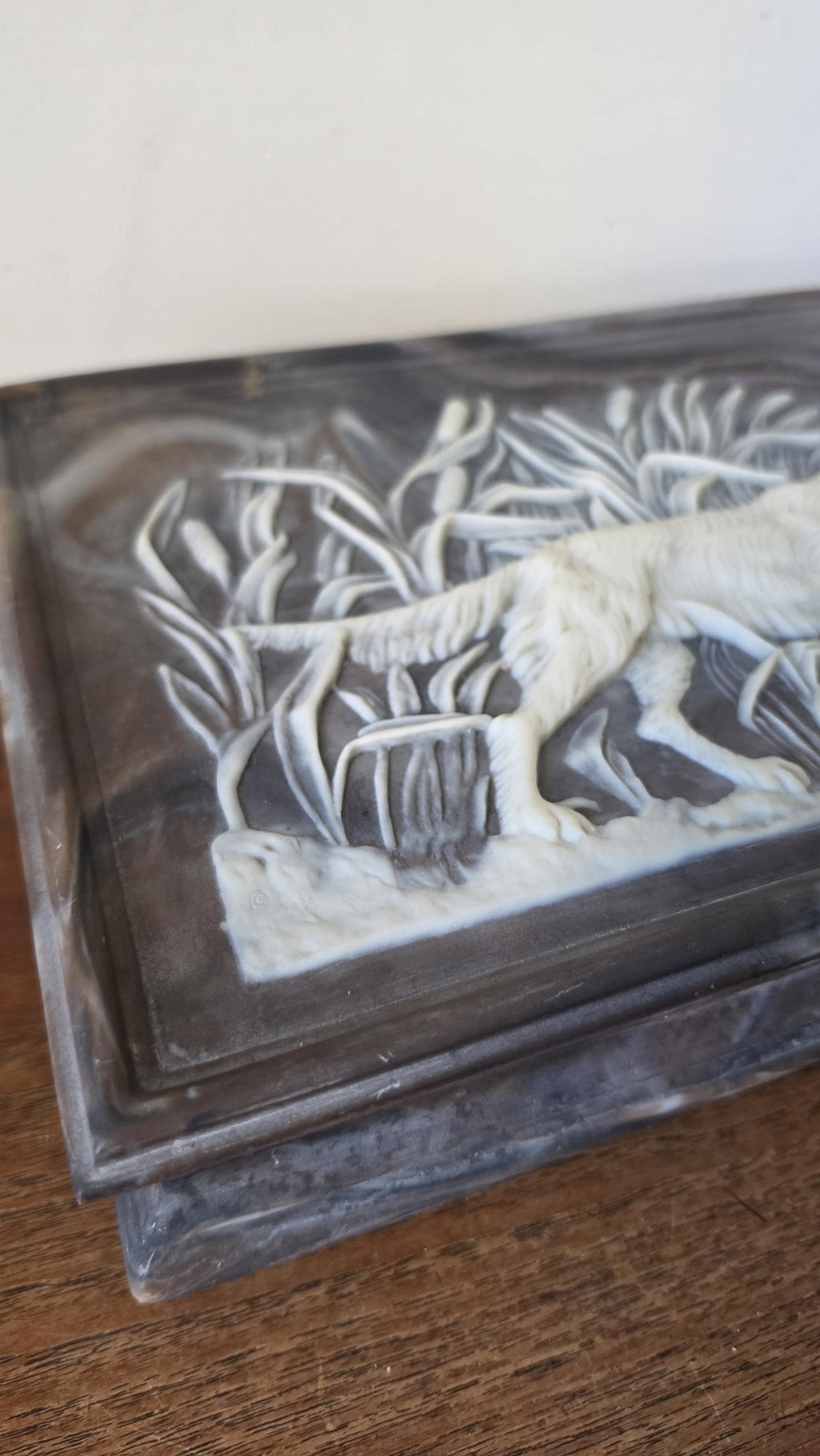 Vintage Incolay Stone Hunting Dog Jewelry Box, Setter Relief Trinket Box, Velvet Lined Keepsake Box, Sporting Dog Decor