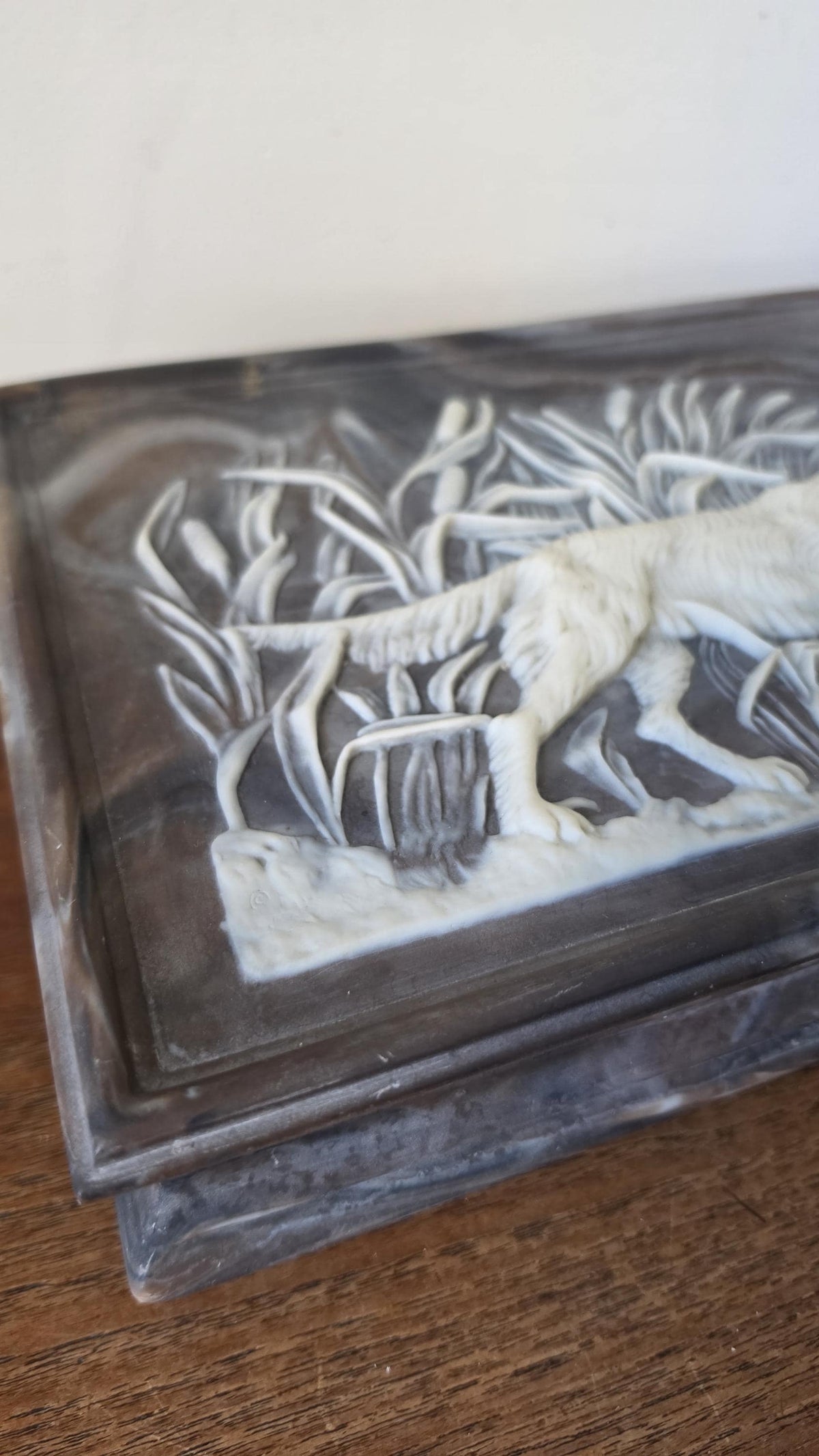 Vintage Incolay Stone Hunting Dog Jewelry Box, Setter Relief Trinket Box, Velvet Lined Keepsake Box, Sporting Dog Decor