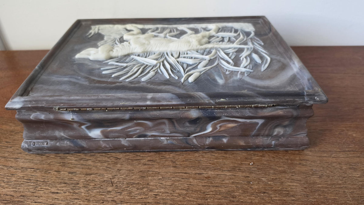 Vintage Incolay Stone Hunting Dog Jewelry Box, Setter Relief Trinket Box, Velvet Lined Keepsake Box, Sporting Dog Decor