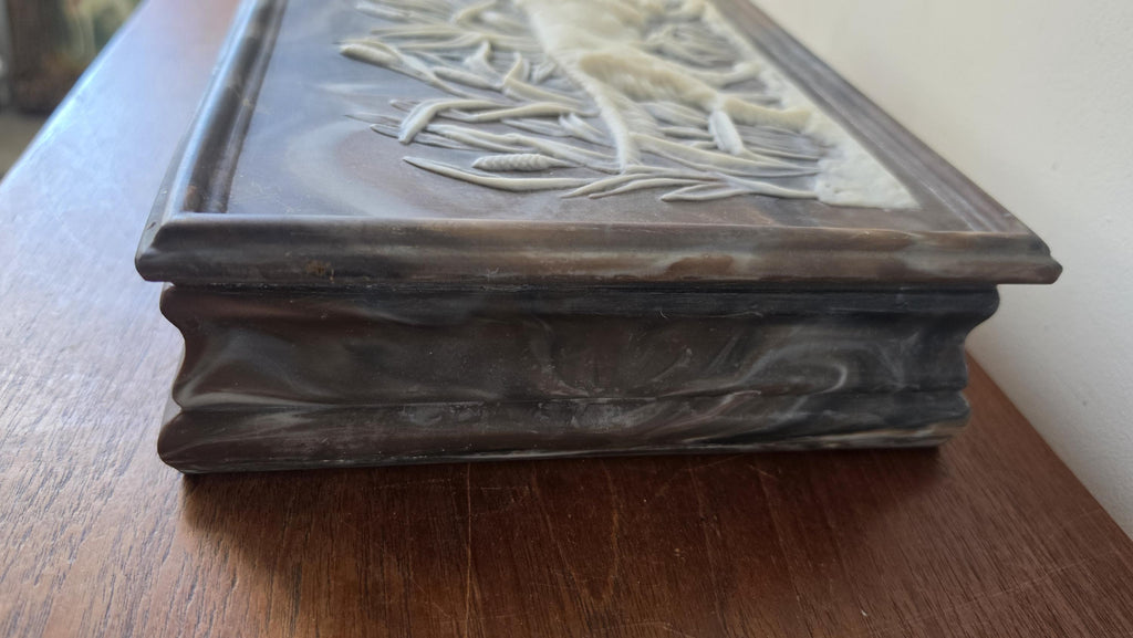 Vintage Incolay Stone Hunting Dog Jewelry Box, Setter Relief Trinket Box, Velvet Lined Keepsake Box, Sporting Dog Decor