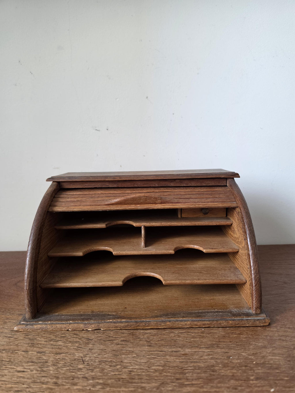 Antique Oak Roll Top Letter Organizer, Mission Style Desk Sorter, Arts and Crafts Office Cabinet, Wooden Mail Holder with Drawer