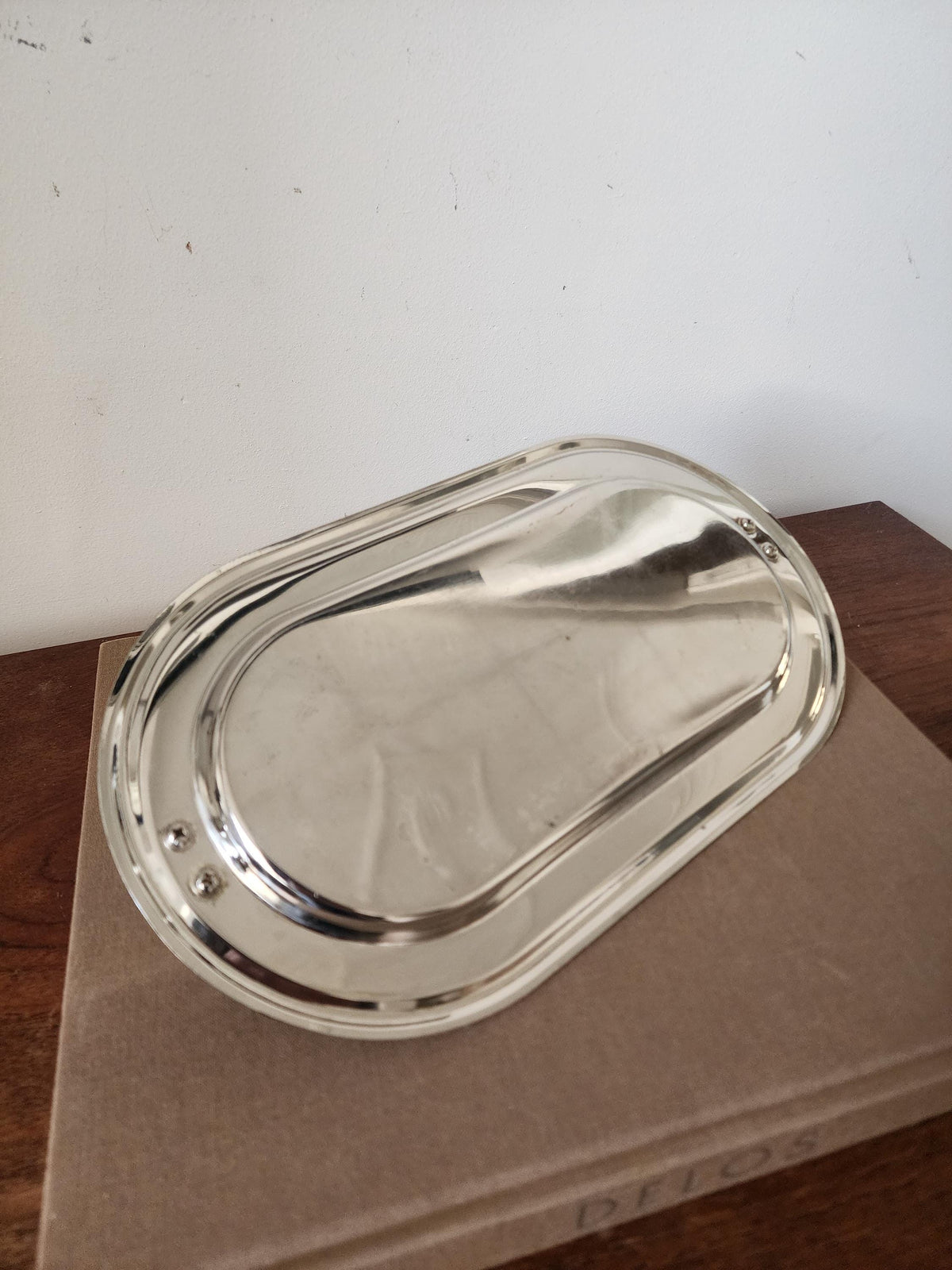1960s French Chrome Swan Handle Tray, Mid Century Modern Silver Serving Dish, Hollywood Regency Vanity Tray