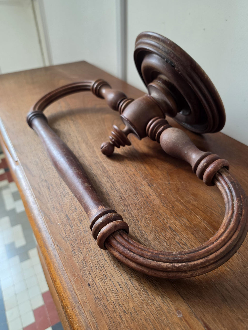 French Wooden Towel Ring, Turned Wood Wall Mount, Colonial Revival Bathroom Hardware, Rustic Hand Towel Holder, Farmhouse Wall Decor