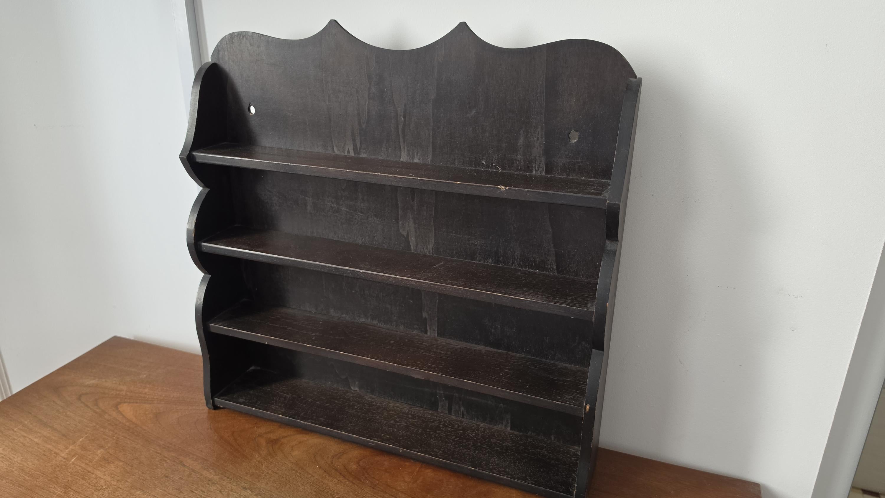 Vintage Wooden Wall Shelf, Cottage Style Spice Rack, Dark Wood Display Shelf, Rustic Wall Mounted Shelving, Farmhouse Kitchen Organizer
