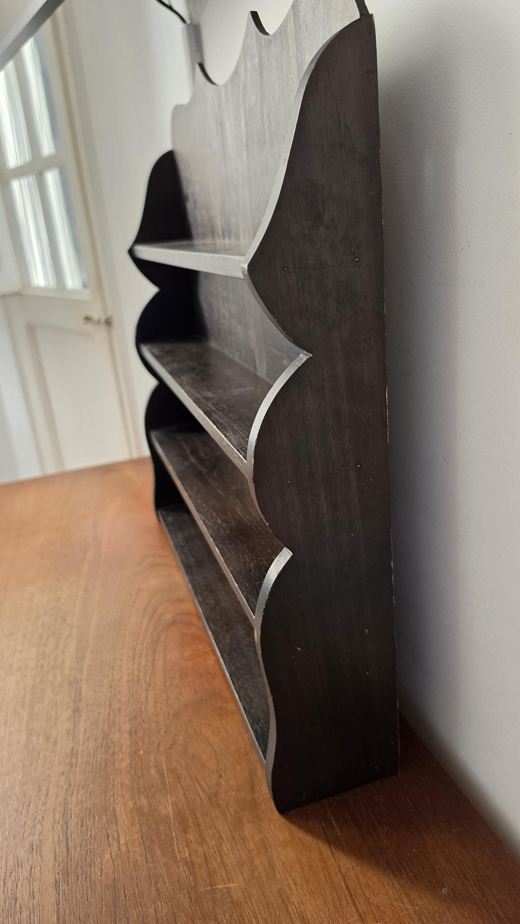Vintage Wooden Wall Shelf, Cottage Style Spice Rack, Dark Wood Display Shelf, Rustic Wall Mounted Shelving, Farmhouse Kitchen Organizer