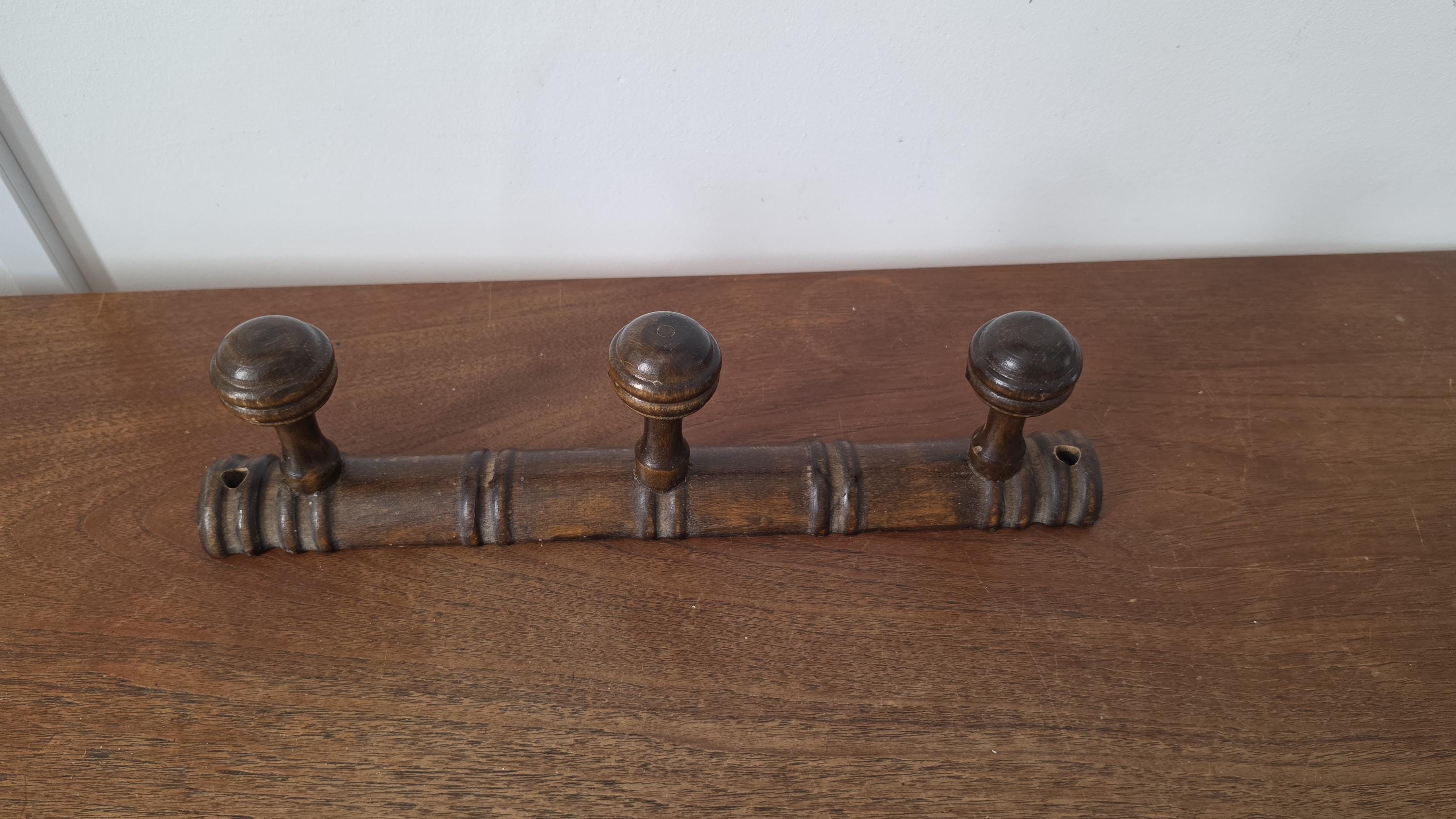 Vintage Wooden Wall Coat Rack, 3 Peg Coat Hook, Rustic Farmhouse Wall Organizer, Dark Wood Hat Rack, Entryway Towel Holder