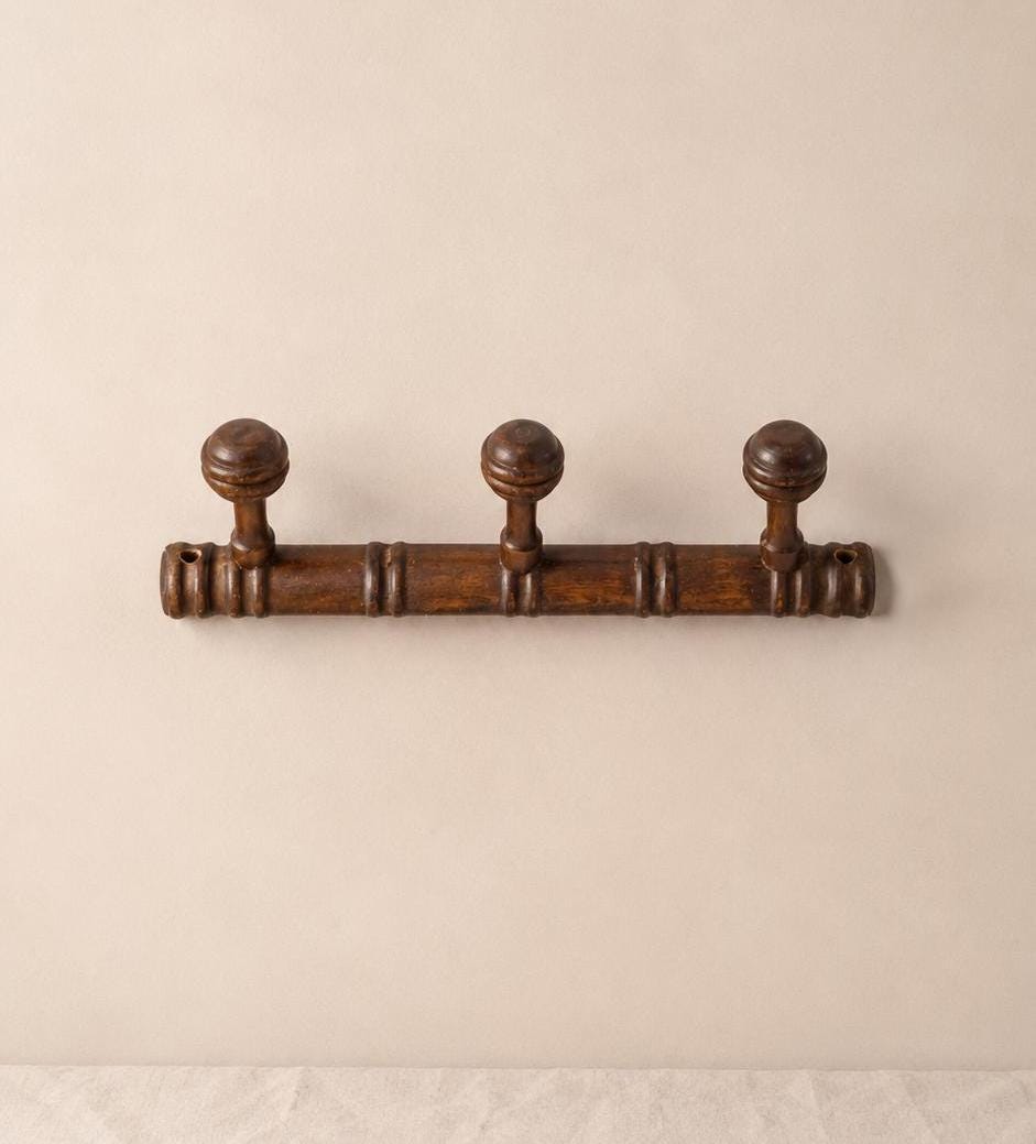 Vintage Wooden Wall Coat Rack, 3 Peg Coat Hook, Rustic Farmhouse Wall Organizer, Dark Wood Hat Rack, Entryway Towel Holder