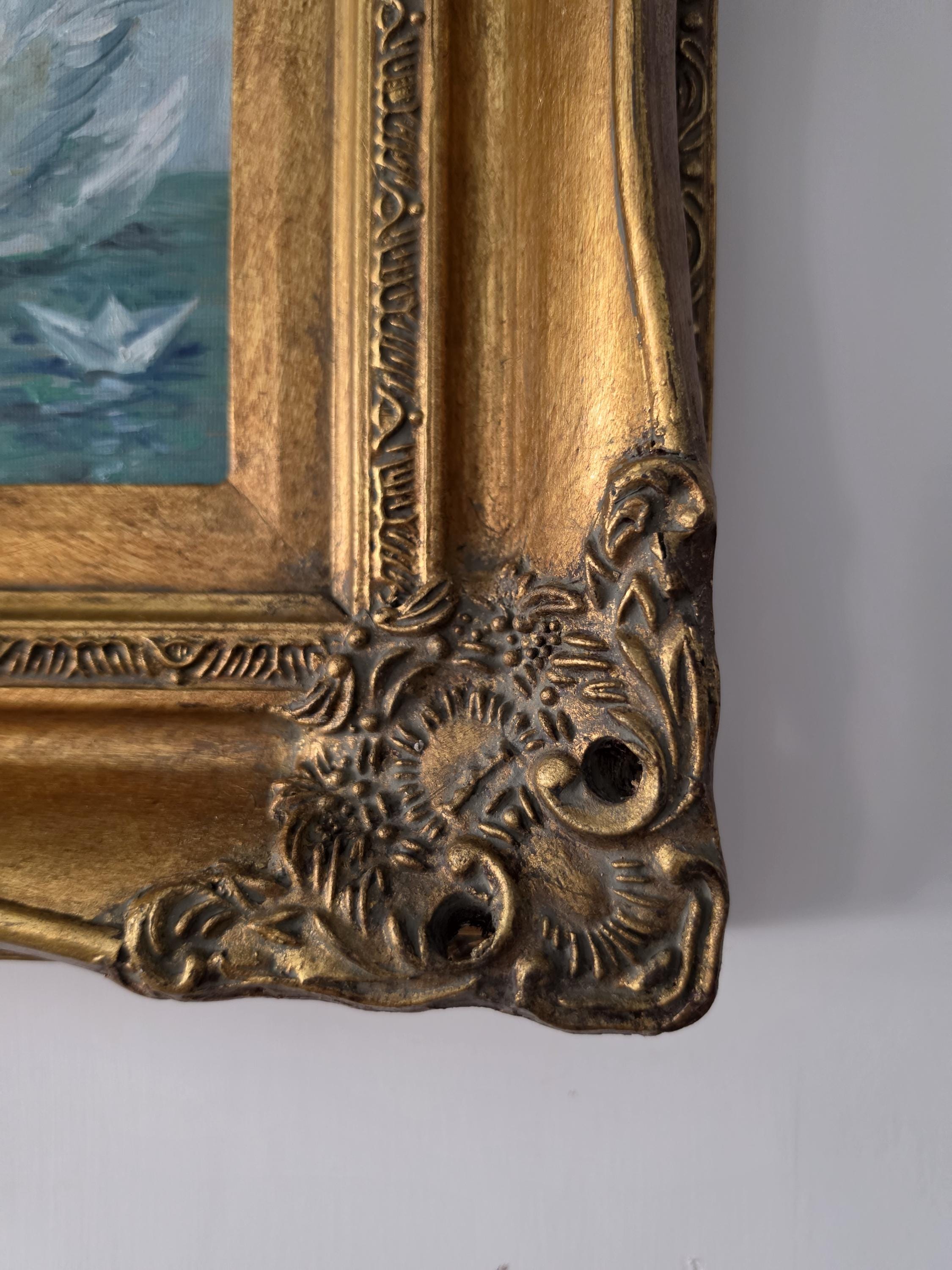Vintage Ornate Gold Picture Frame with Original Swan Oil Painting, Baroque Wall Art, Gilded Hollywood Regency Decor