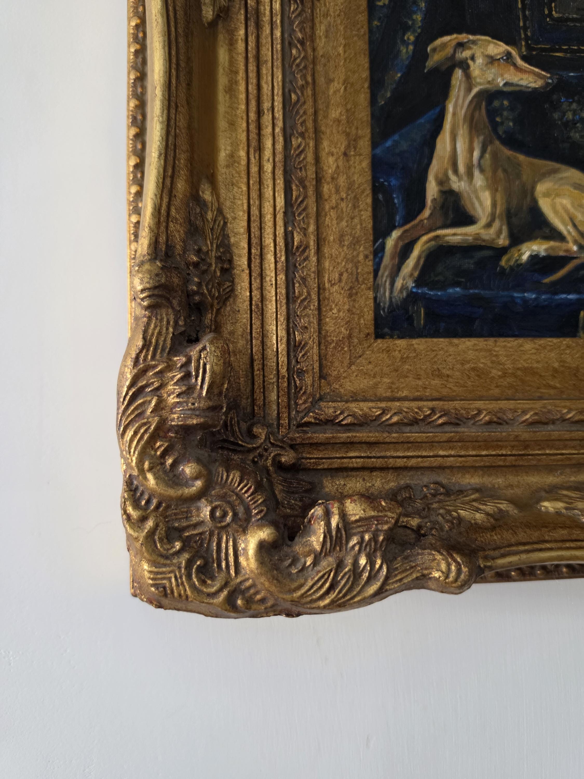 Original Greyhound Oil Painting, Hand Painted Whippet Portrait, Vintage Gilded Frame, Dog Lover Wall Art, One of a Kind Artwork