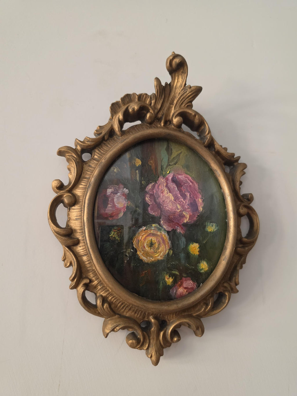 Original Floral Oil Painting, Hand Painted Flower Artwork, Italian Iron Frame, Romantic Cottagecore Wall Art, Vintage