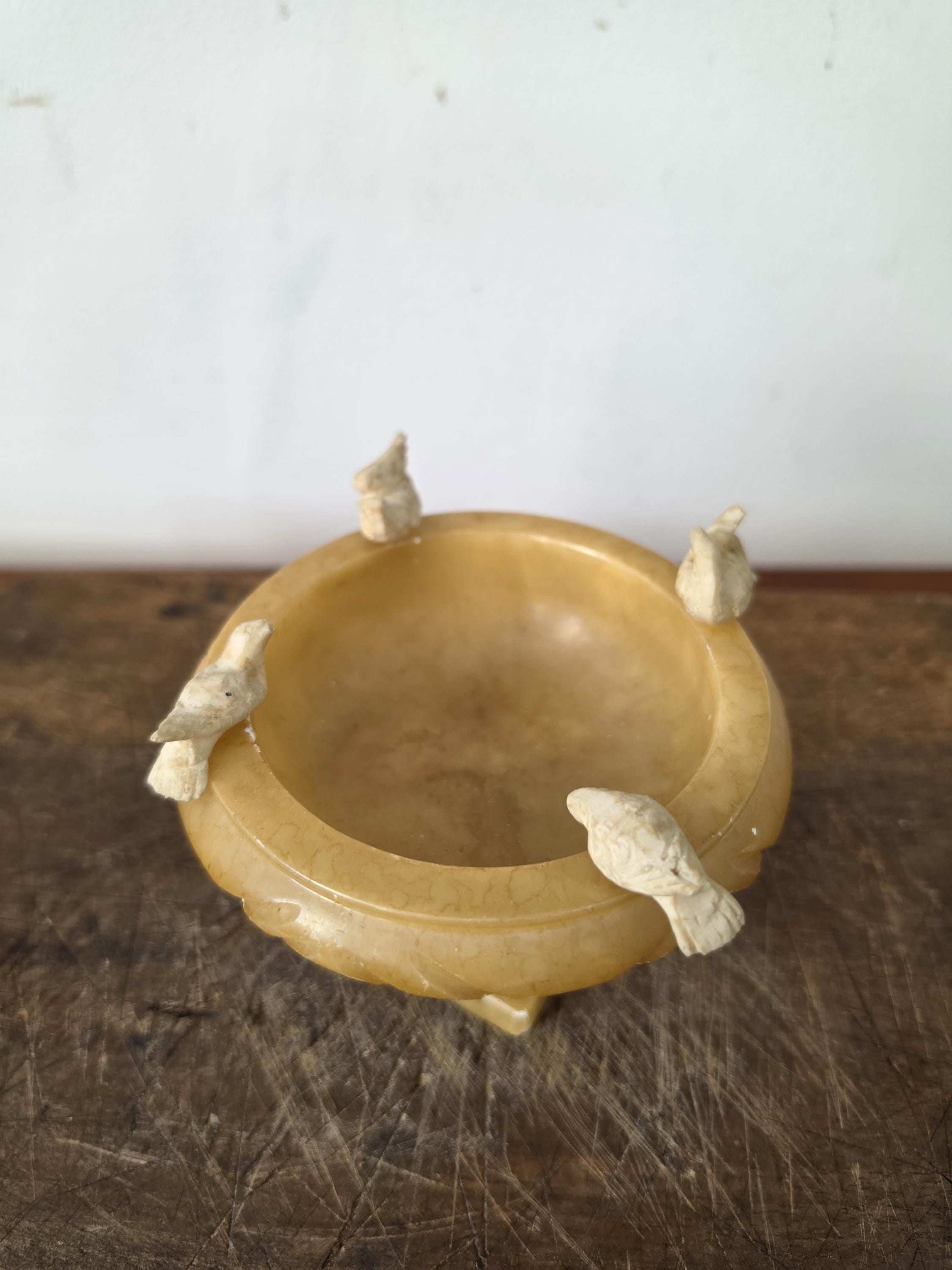 Vintage Italian Alabaster Bird Bowl, Hand Carved Alabaster Compote, Mid Century Italian Stone Dish, Hollywood Regency Decor