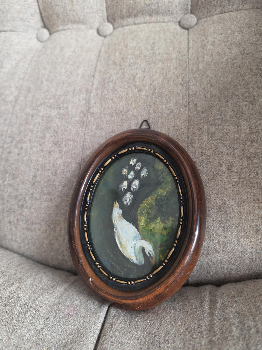 Original Swan Oil Painting, Miniature Bird Art, Oval Framed Painting, Hand Painted Wall Art, Cottagecore Decor, Small Nature Painting