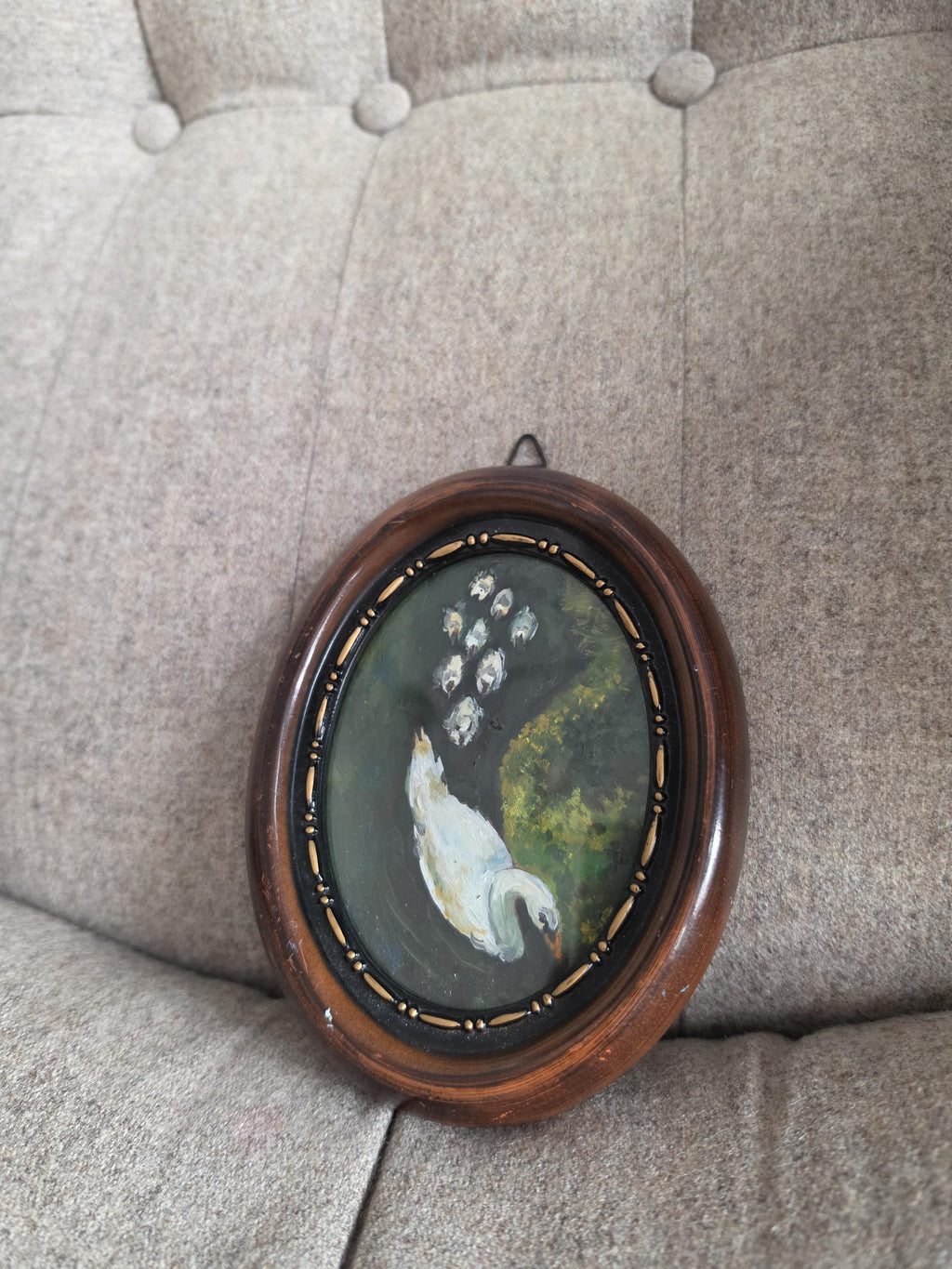 Original Swan Oil Painting, Miniature Bird Art, Oval Framed Painting, Hand Painted Wall Art, Cottagecore Decor, Small Nature Painting