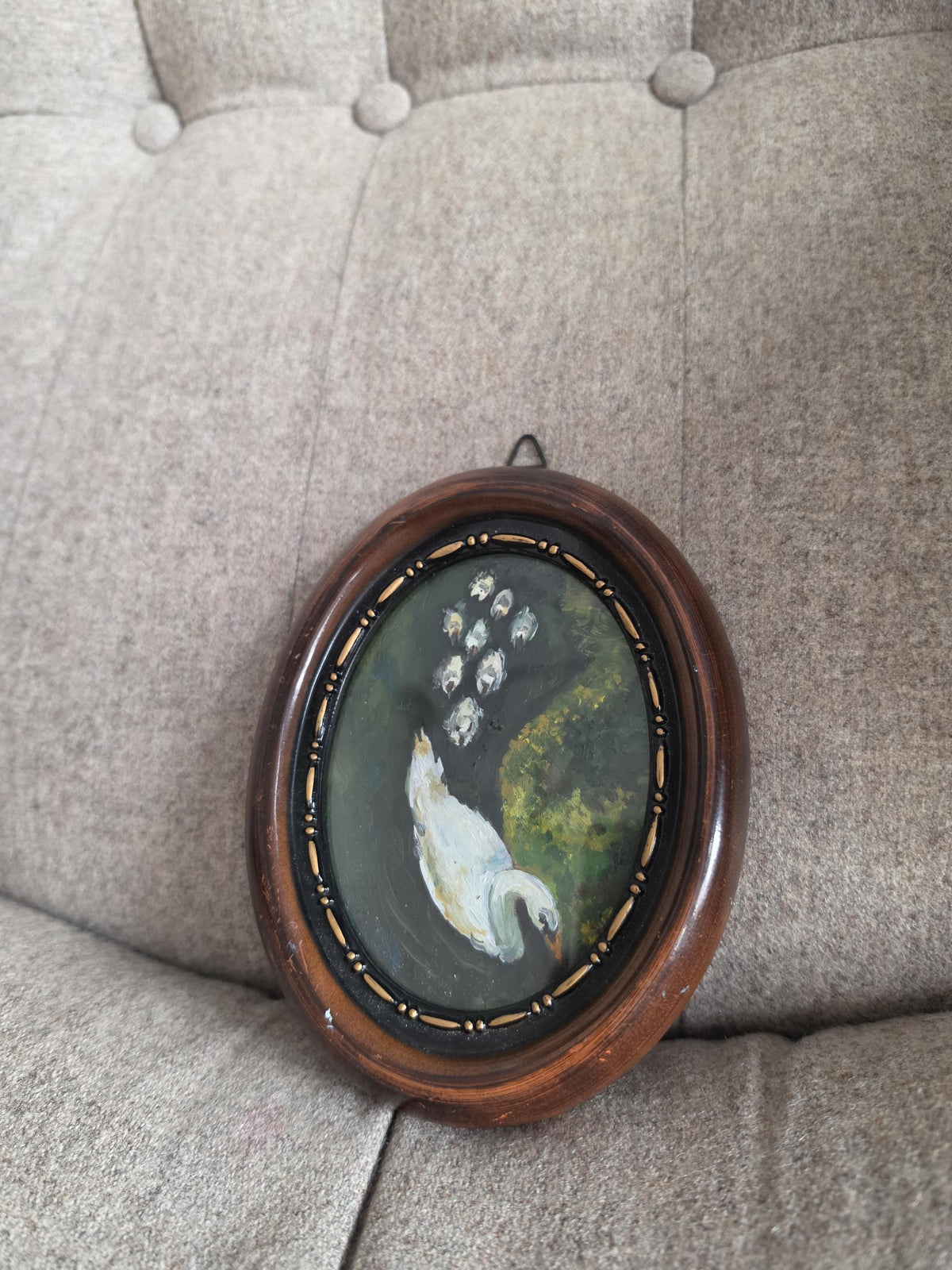 Original Swan Oil Painting, Miniature Bird Art, Oval Framed Painting, Hand Painted Wall Art, Cottagecore Decor, Small Nature Painting