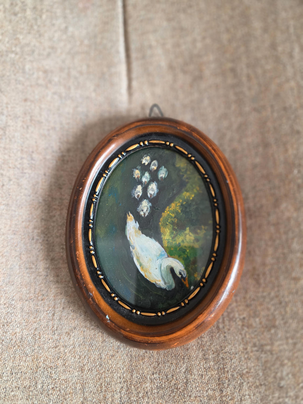 Original Swan Oil Painting, Miniature Bird Art, Oval Framed Painting, Hand Painted Wall Art, Cottagecore Decor, Small Nature Painting