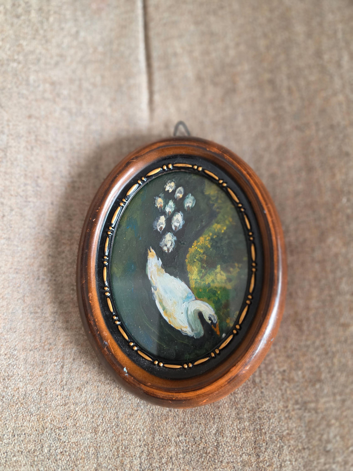 Original Swan Oil Painting, Miniature Bird Art, Oval Framed Painting, Hand Painted Wall Art, Cottagecore Decor, Small Nature Painting