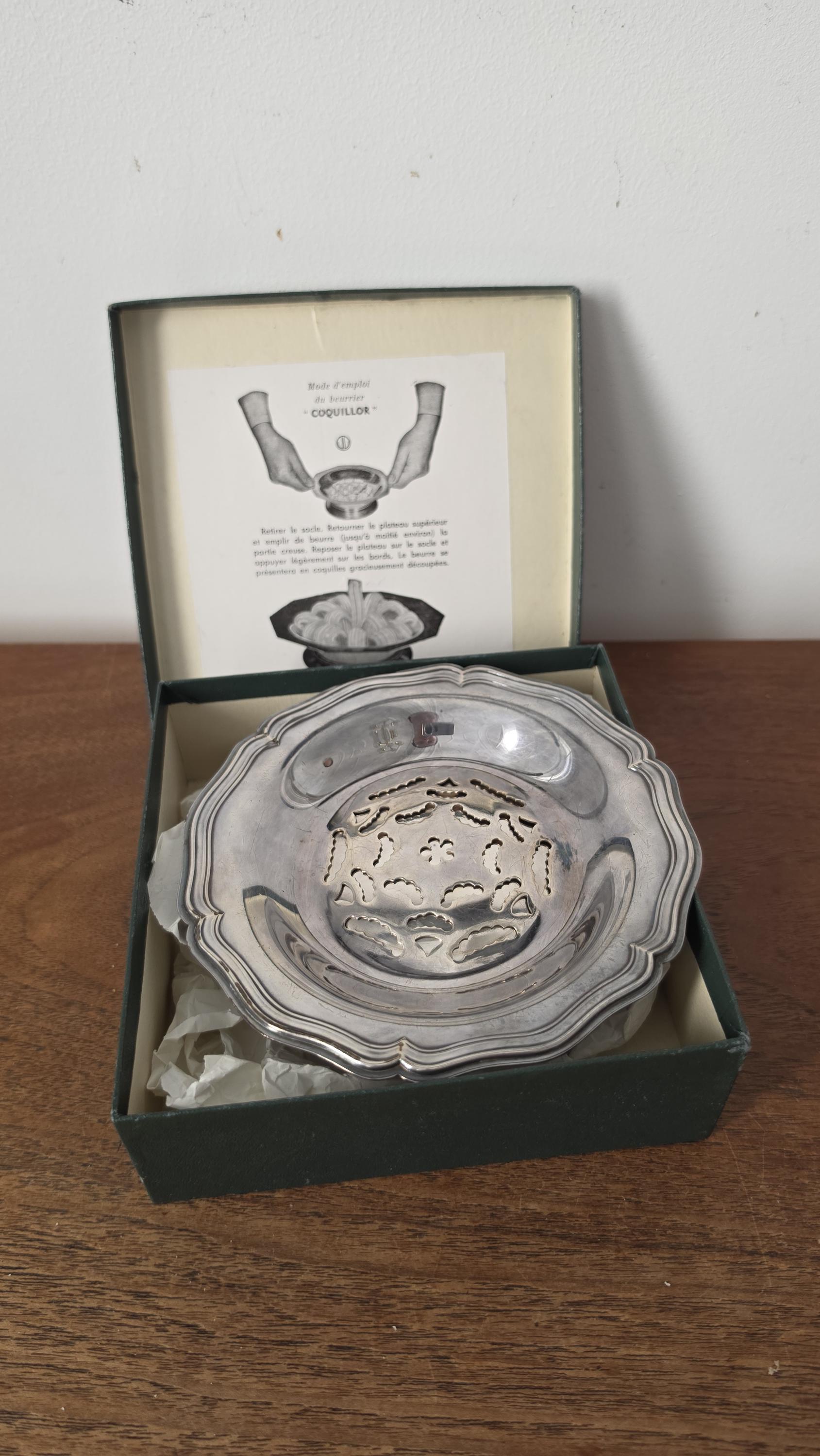 Vintage French Silver Plate Butter Dish, Coquillot Beurrier, Pedestal Butter Server with Original Box, French Tableware, Entertaining Decor