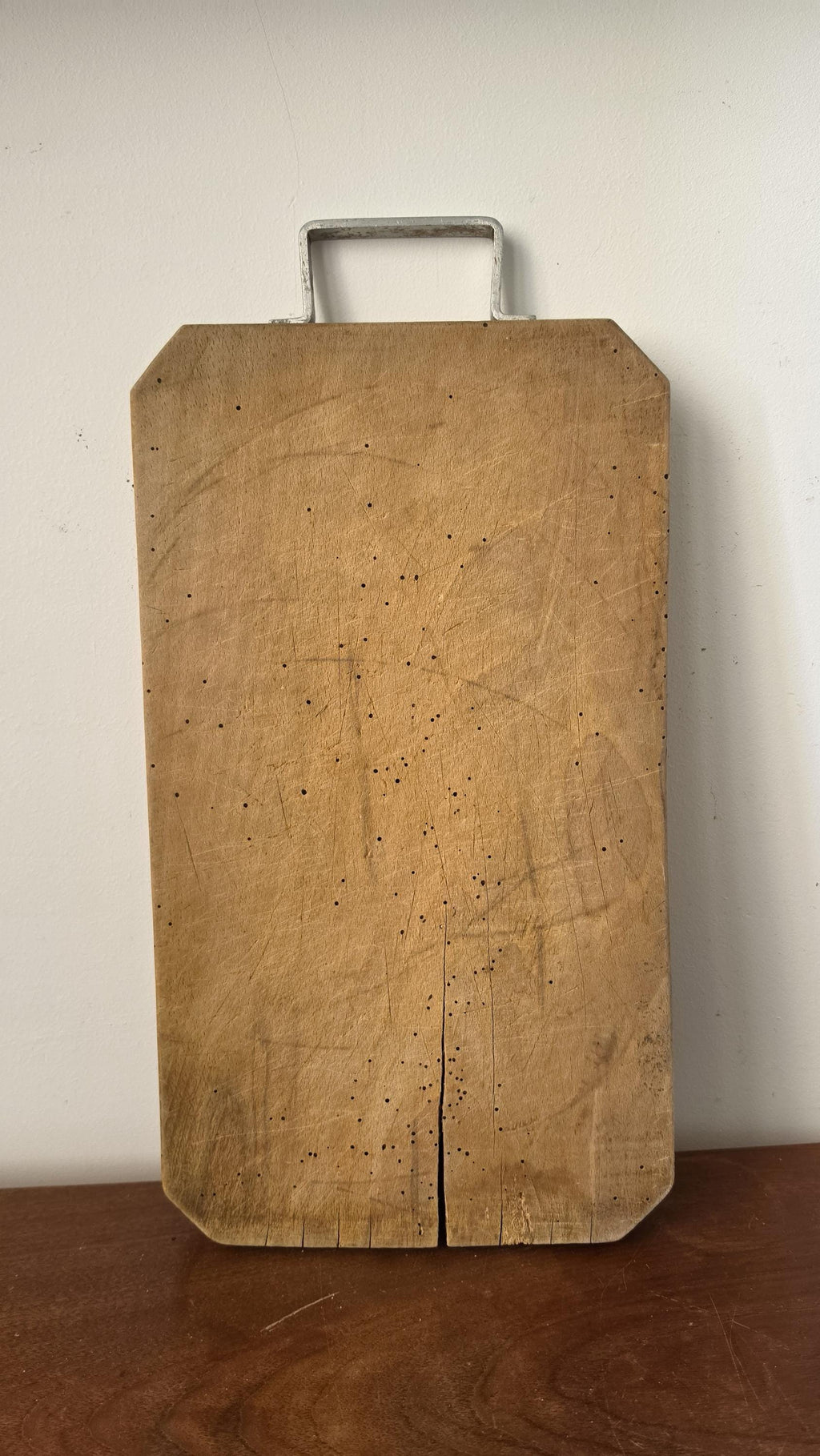 Antique French Wooden Bread Board with Metal Handle, Rustic Farmhouse Cutting Board, Primitive Kitchen Decor, European Dough Board