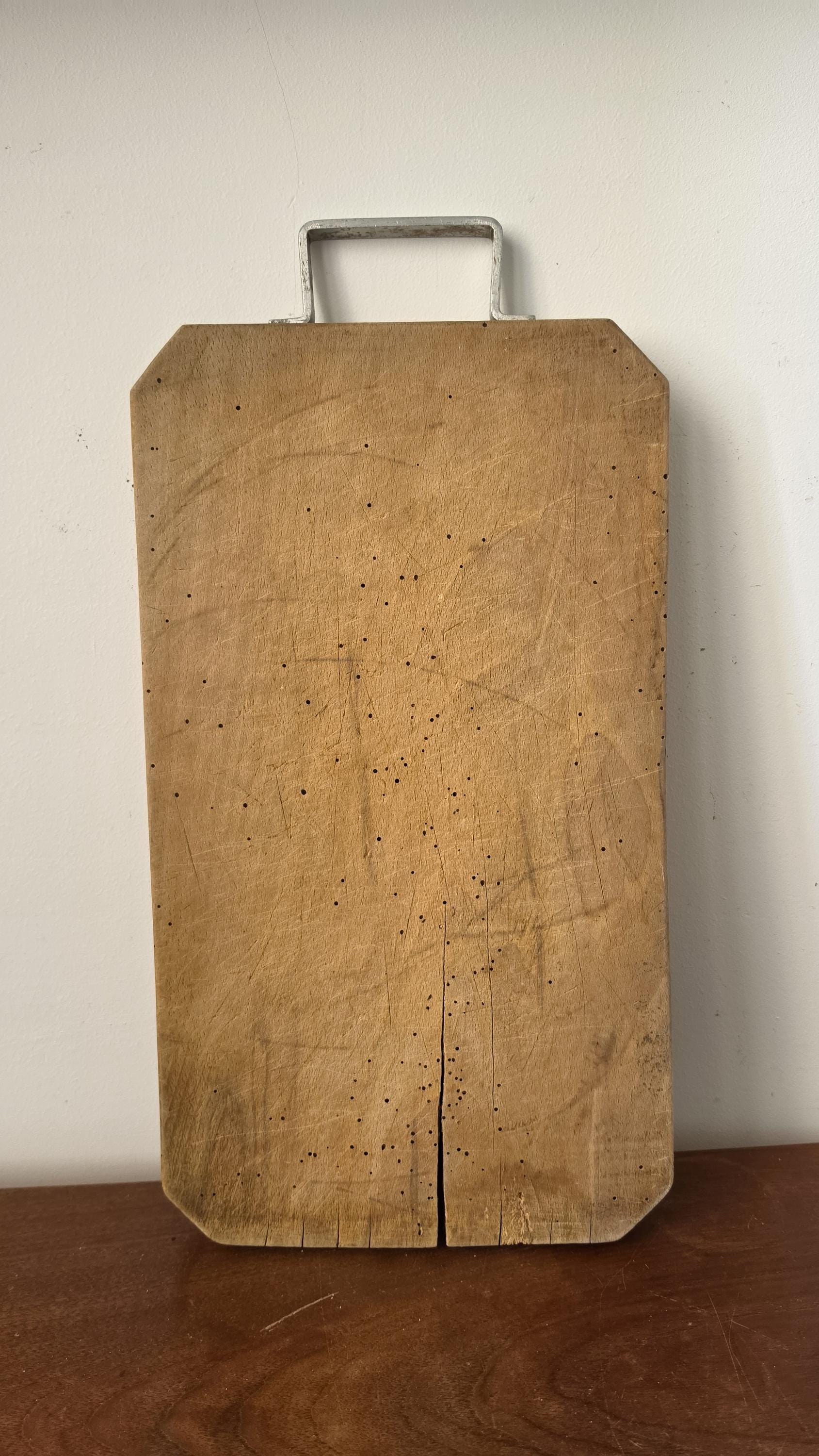 Antique French Wooden Bread Board with Metal Handle, Rustic Farmhouse Cutting Board, Primitive Kitchen Decor, European Dough Board