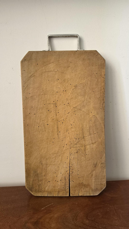 Antique French Wooden Bread Board with Metal Handle, Rustic Farmhouse Cutting Board, Primitive Kitchen Decor, European Dough Board